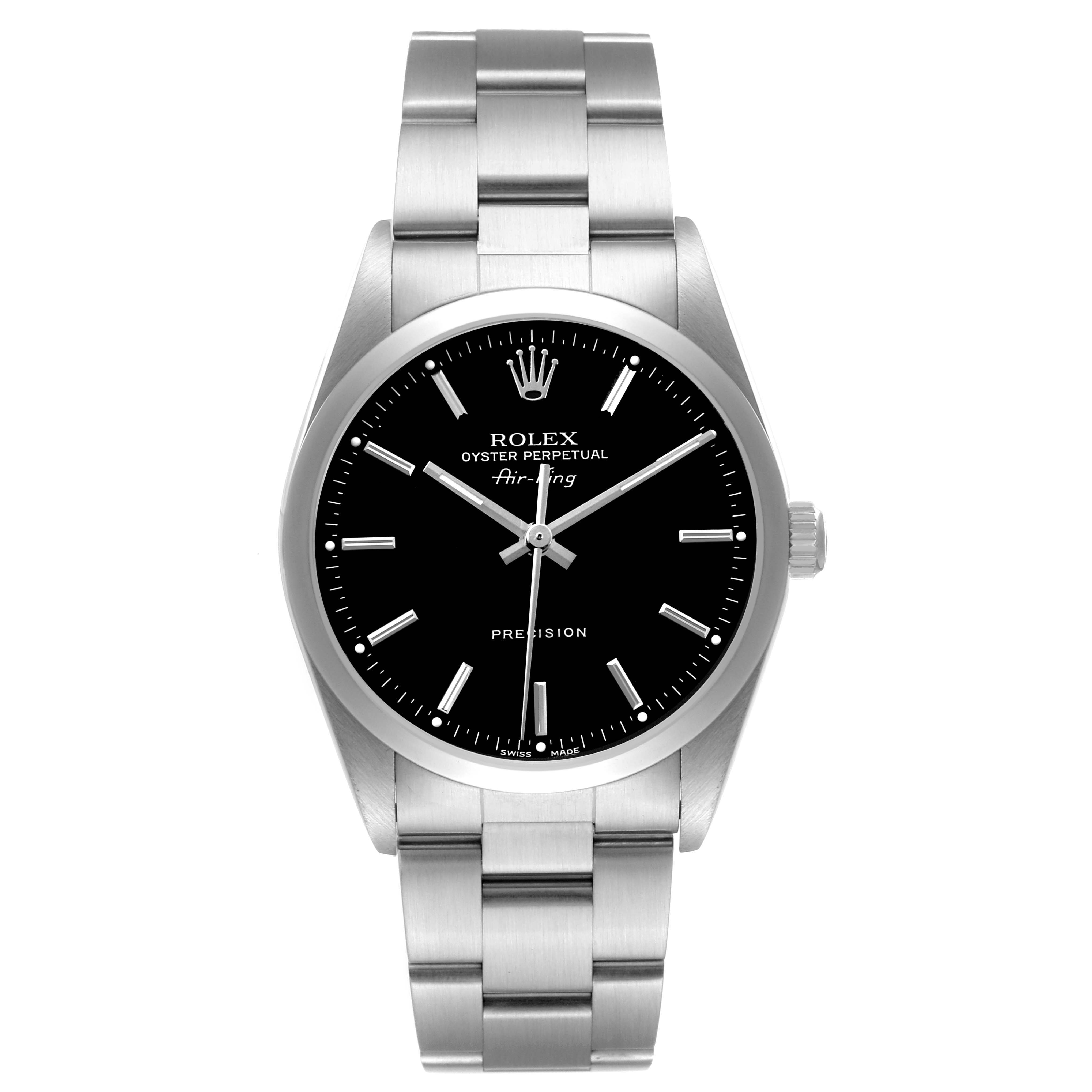 The Rolex Air-King 14000M Men's Stainless Steel Black Dial watch is shown from a front angle, highlighting the dial, bezel, and bracelet.