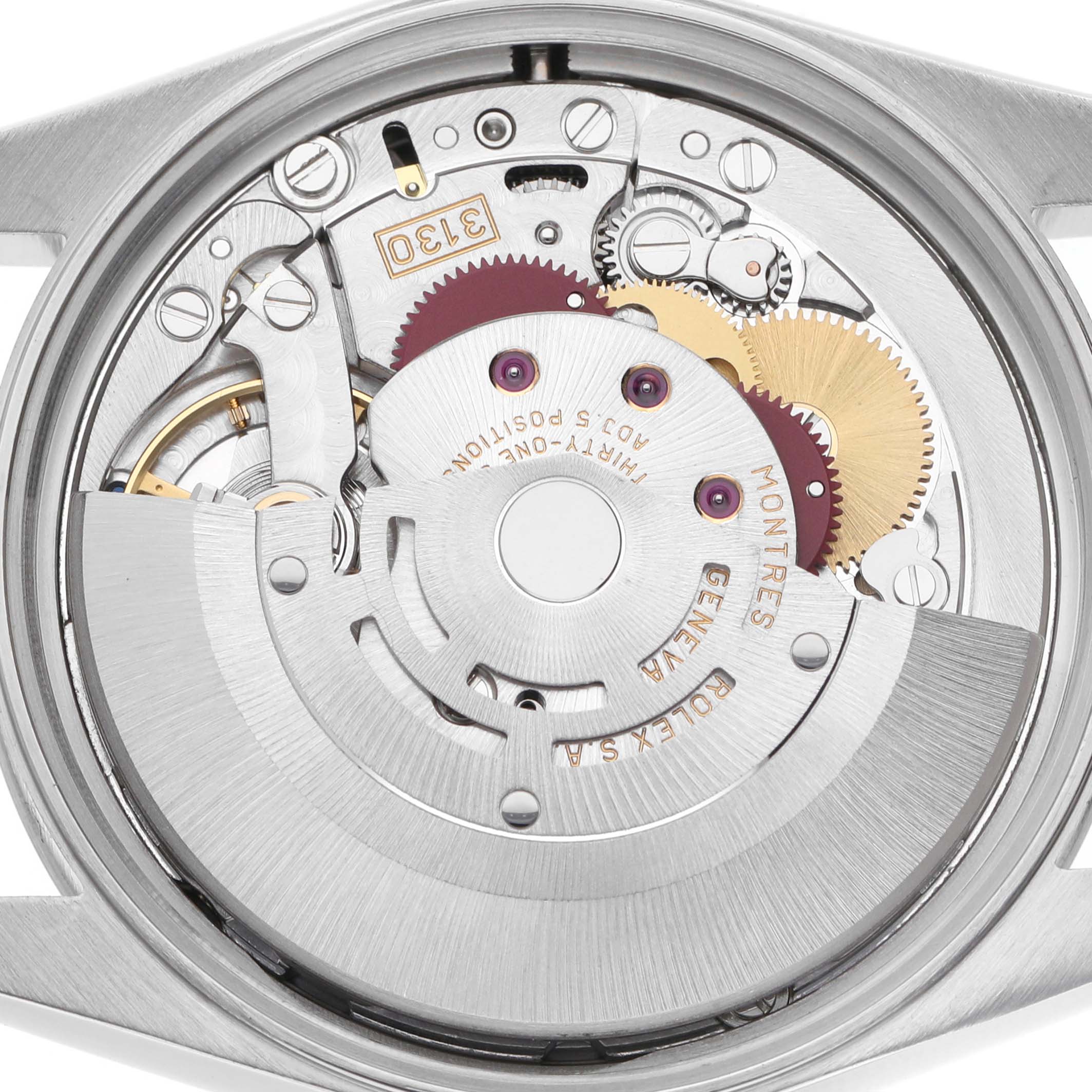The image shows the movement of a Rolex Air-King 14000M Men's Stainless Steel Black Dial watch from a back view, highlighting gears and the rotor.