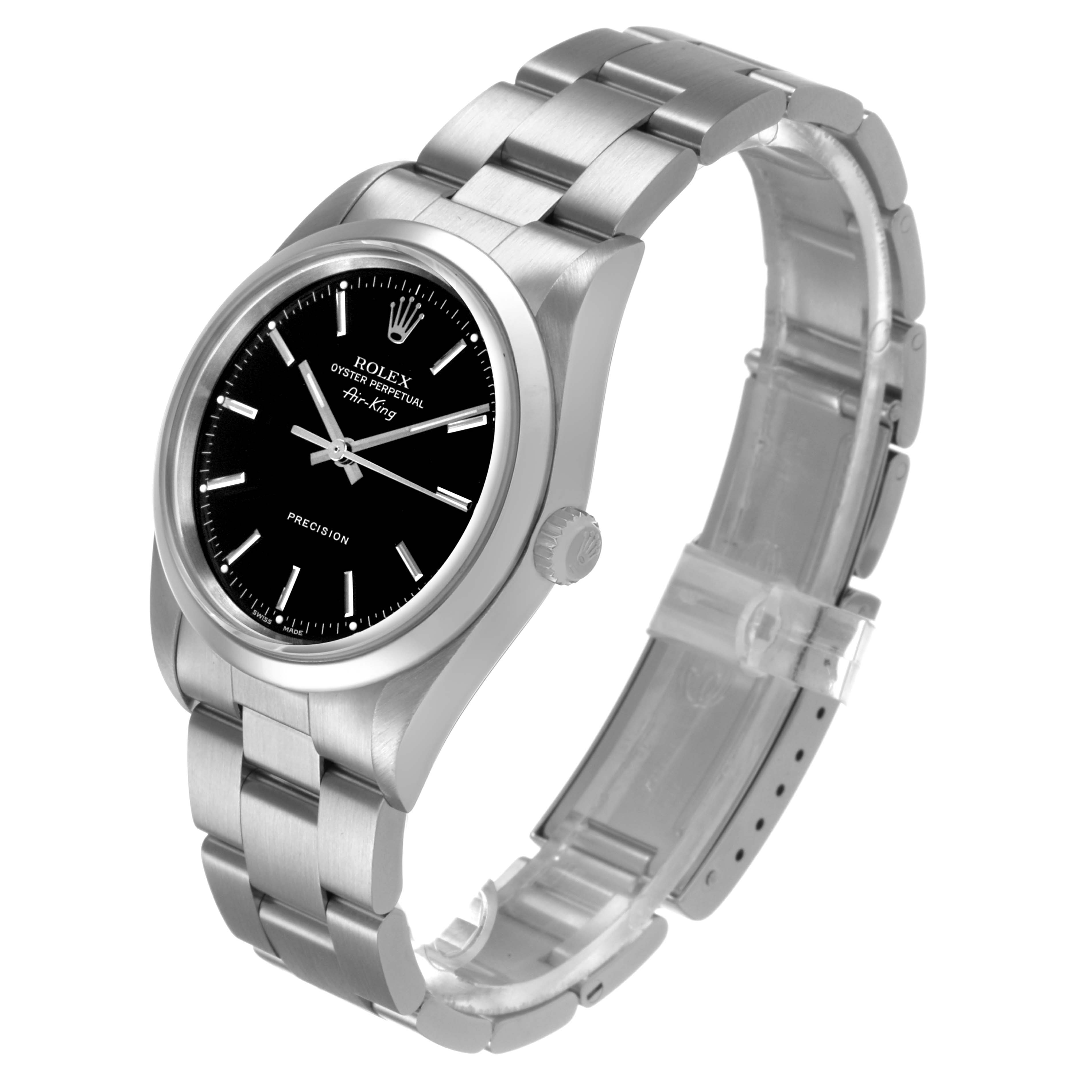 The Rolex Air-King 14000M Men's Stainless Steel Black Dial is shown at an angle highlighting the black dial, case, bracelet, and crown.