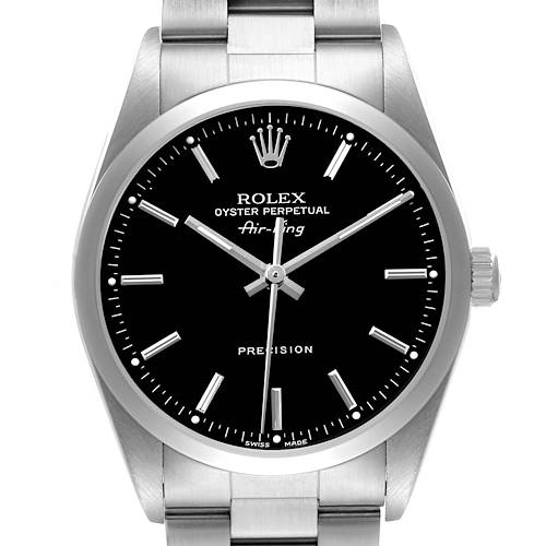 The Rolex Air-King 14000M Men's Stainless Steel Black Dial watch is shown from a front angle, displaying the dial, hands, crown, and part of the bracelet.