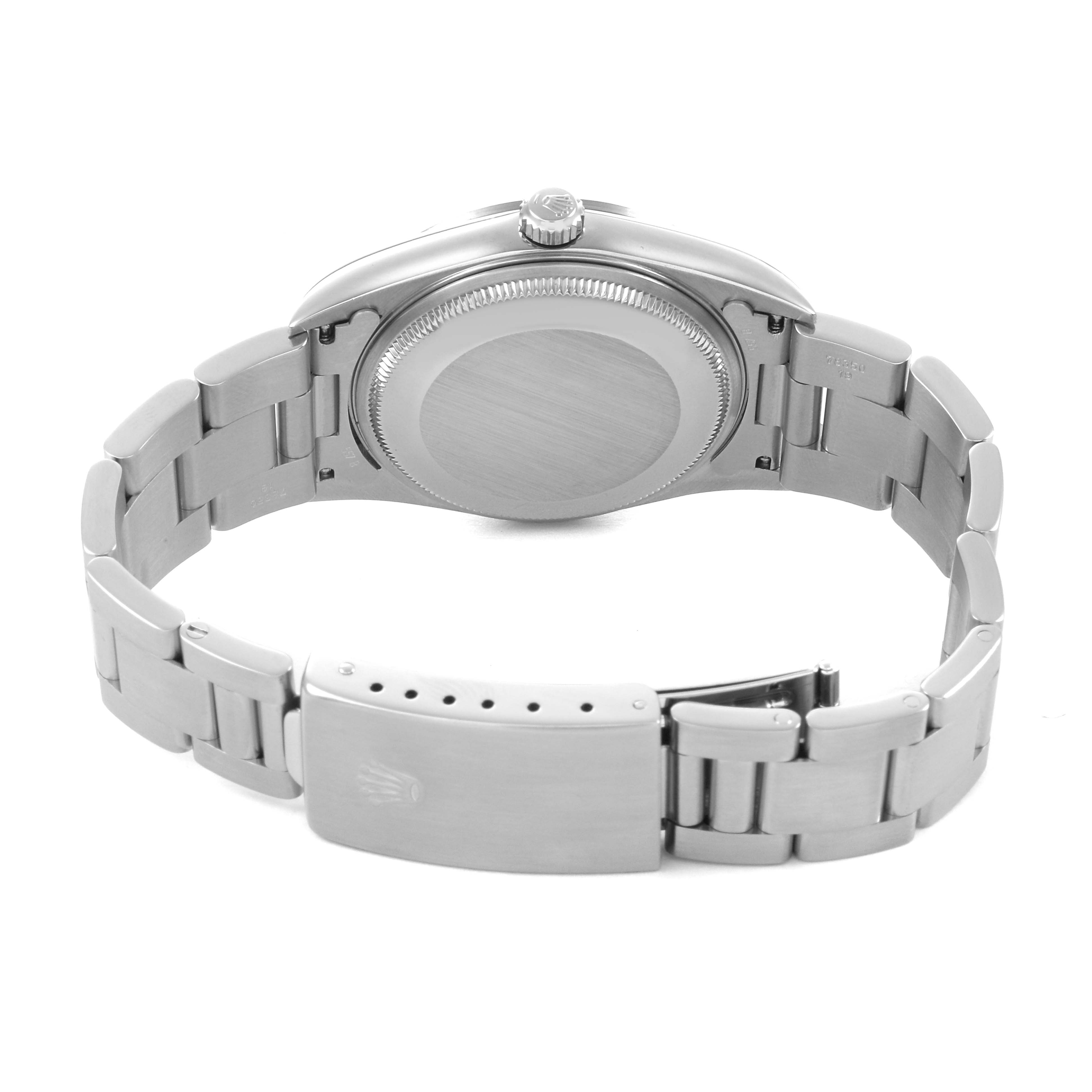 The image shows the back of a Rolex Air-King 14000M Men's Stainless Steel Black Dial watch, featuring the bracelet and case back from a rear angle.