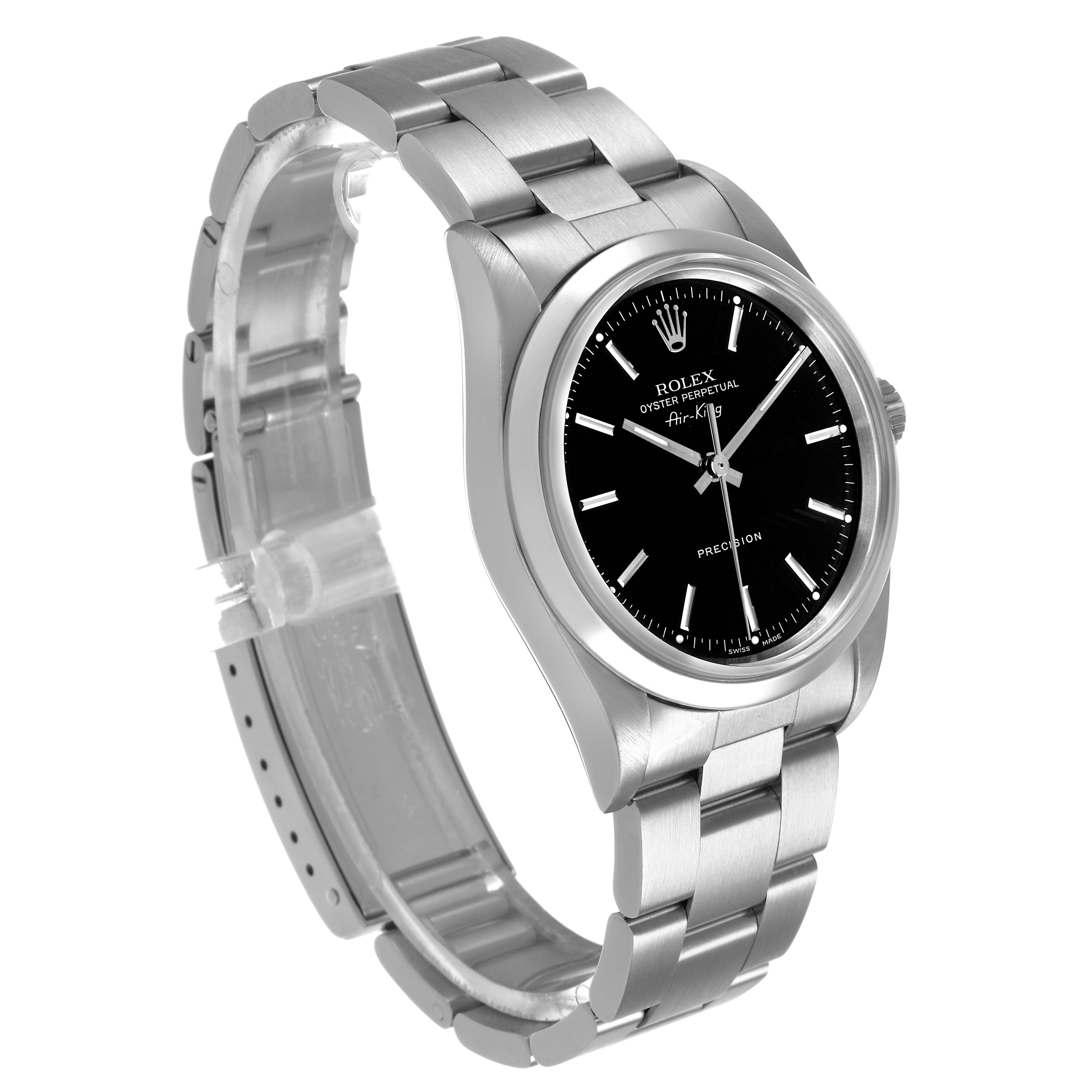The Rolex Air-King 14000M Men's Stainless Steel Black Dial watch is shown at an angle displaying the face, bezel, and part of the bracelet.