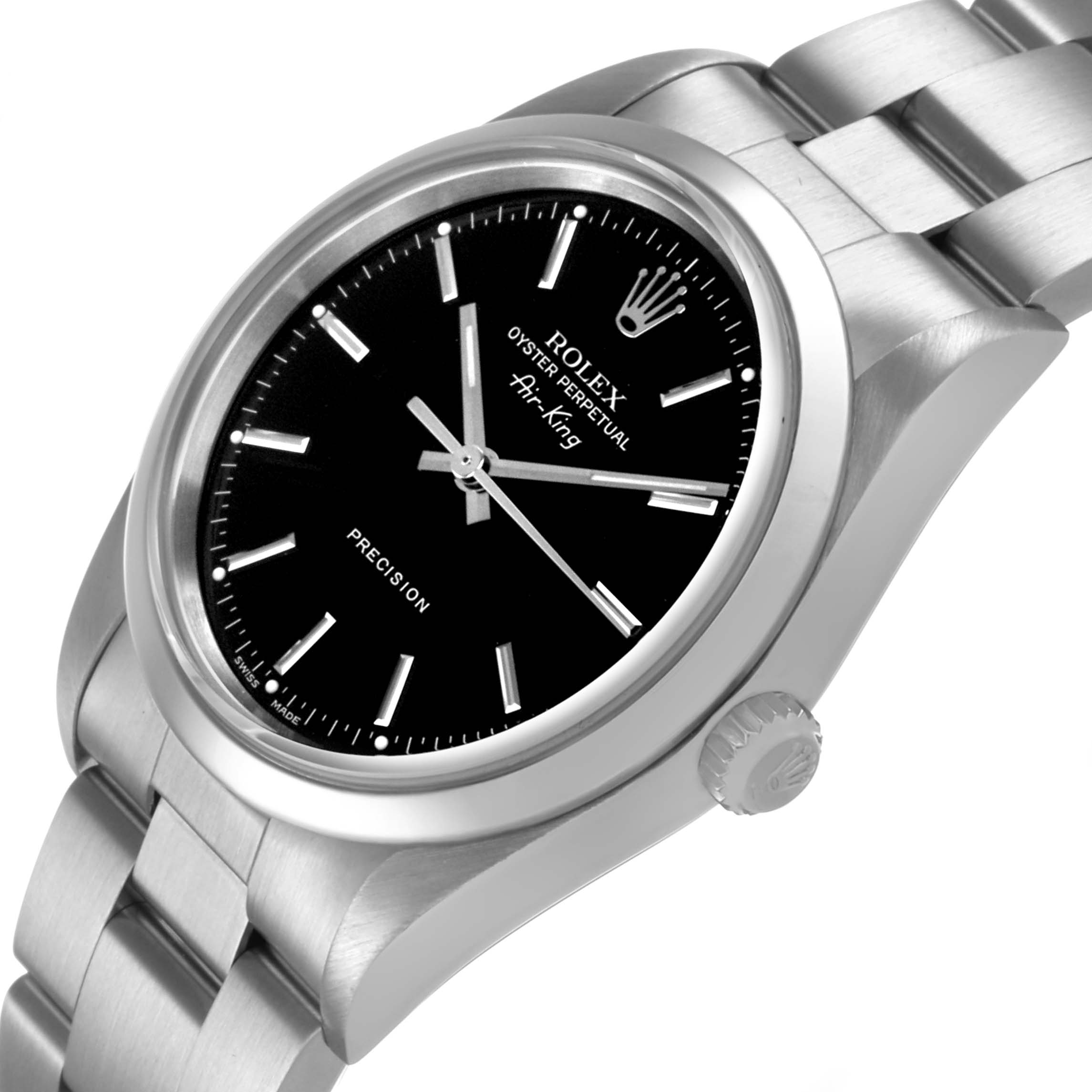 The Rolex Air-King 14000M Men's Stainless Steel Black Dial watch is shown at an angled view, highlighting the black dial, hour markers, bracelet, and crown.