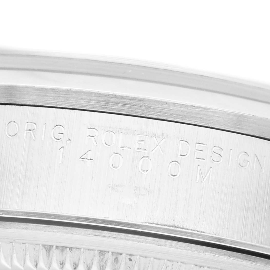 The image shows a close-up side view of the bezel engraving on a Rolex Air-King 14000M Men's Stainless Steel Black Dial watch.