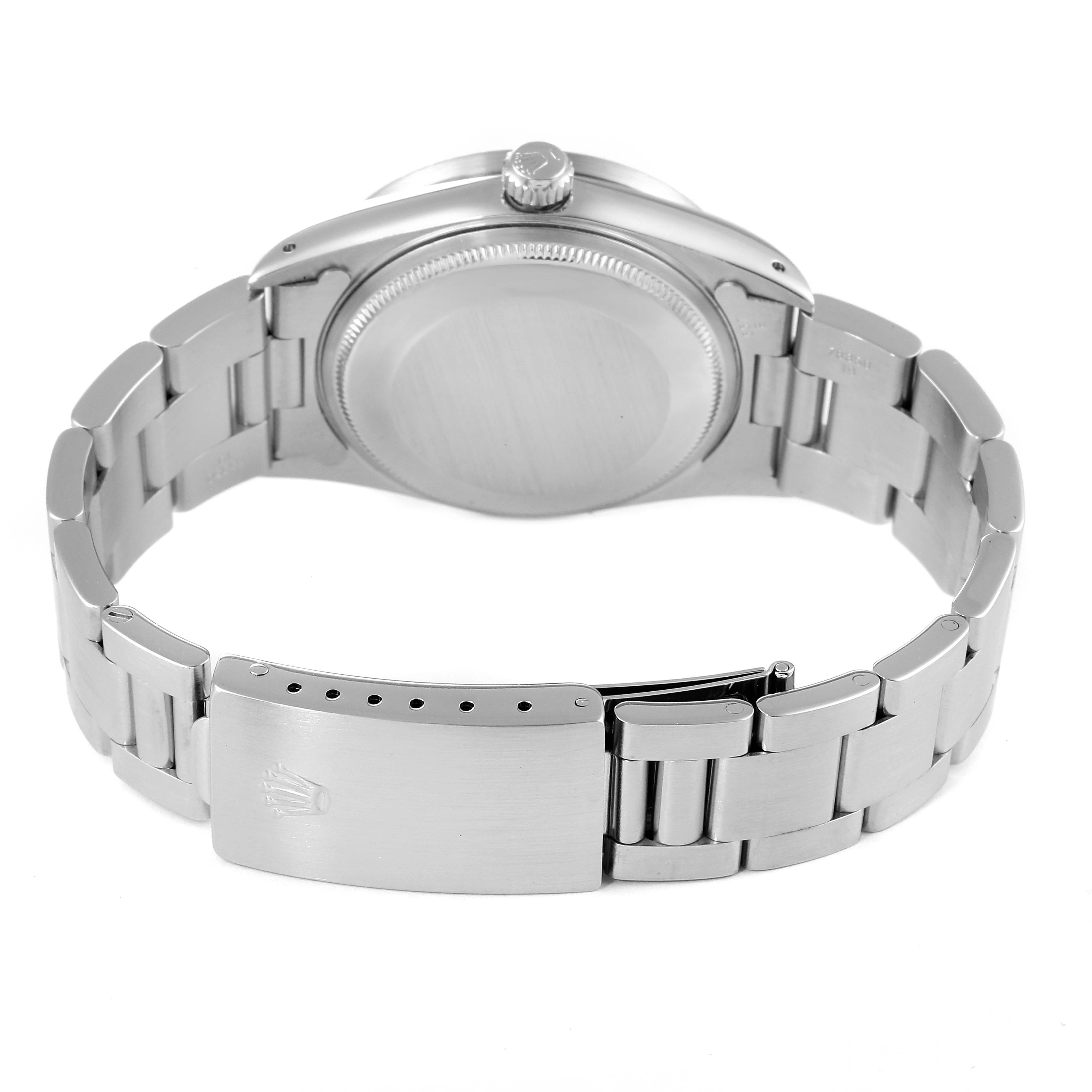 The image shows the back view of the Rolex Air-King 14010 Men's Stainless Steel Silver Dial 14010 Men's Stainless Steel Silver Dial watch, specifically highlighting the clasp and bracelet.