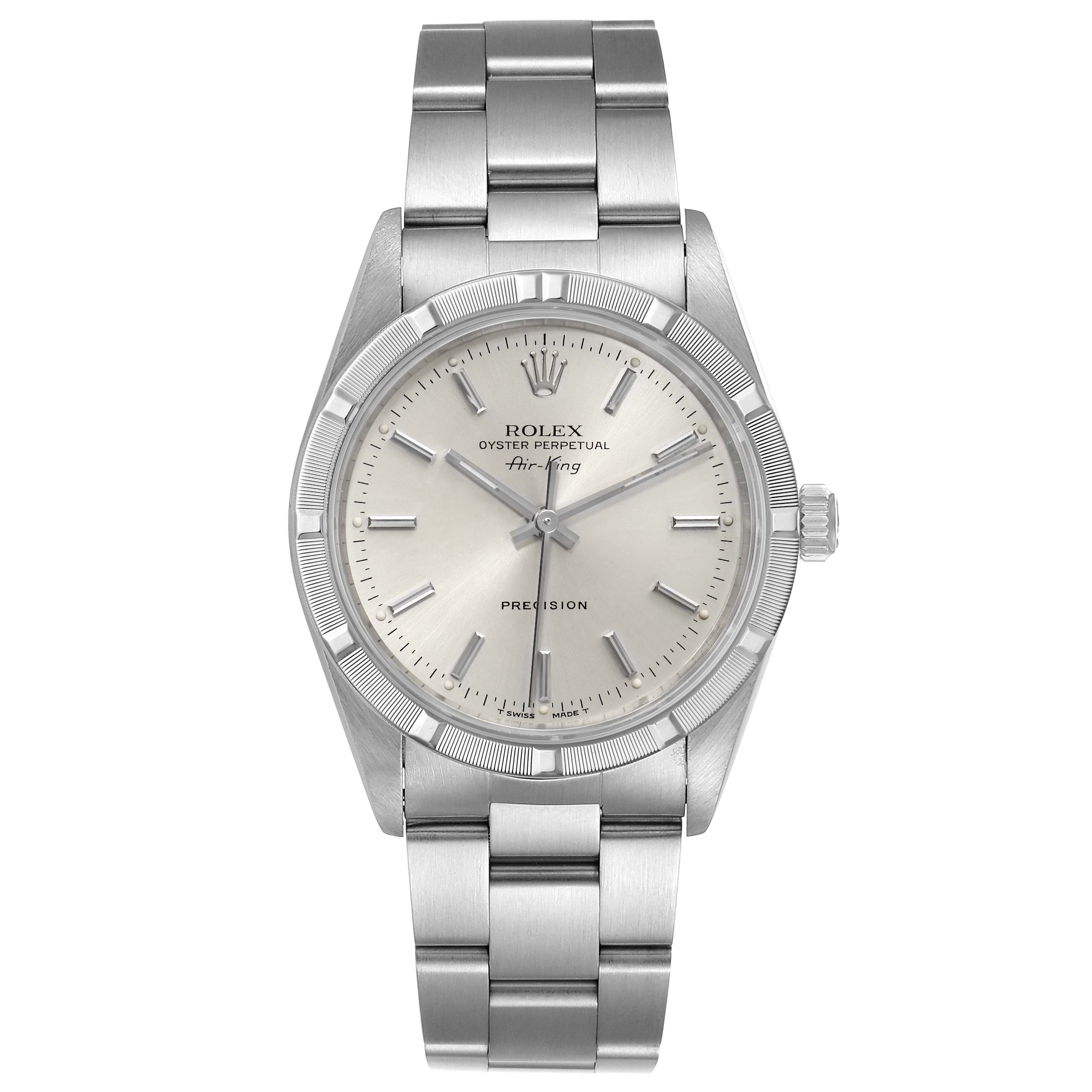 The image shows a front view of the Rolex Air-King 14010 Men's Stainless Steel Silver Dial 14010 Men's Stainless Steel Silver Dial watch, highlighting its face, hands, bezel, crown, and bracelet.