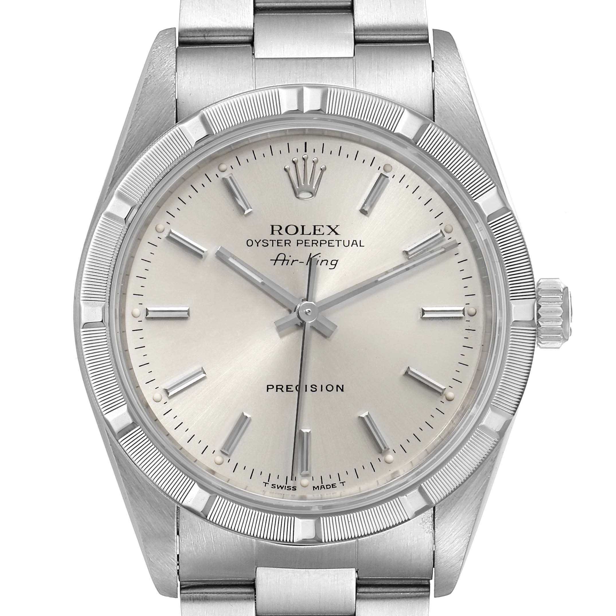 The image shows a front view of the Rolex Air-King 14010 Men's Stainless Steel Silver Dial 14010 Men's Stainless Steel Silver Dial watch, highlighting its dial, bezel, crown, and part of the bracelet.