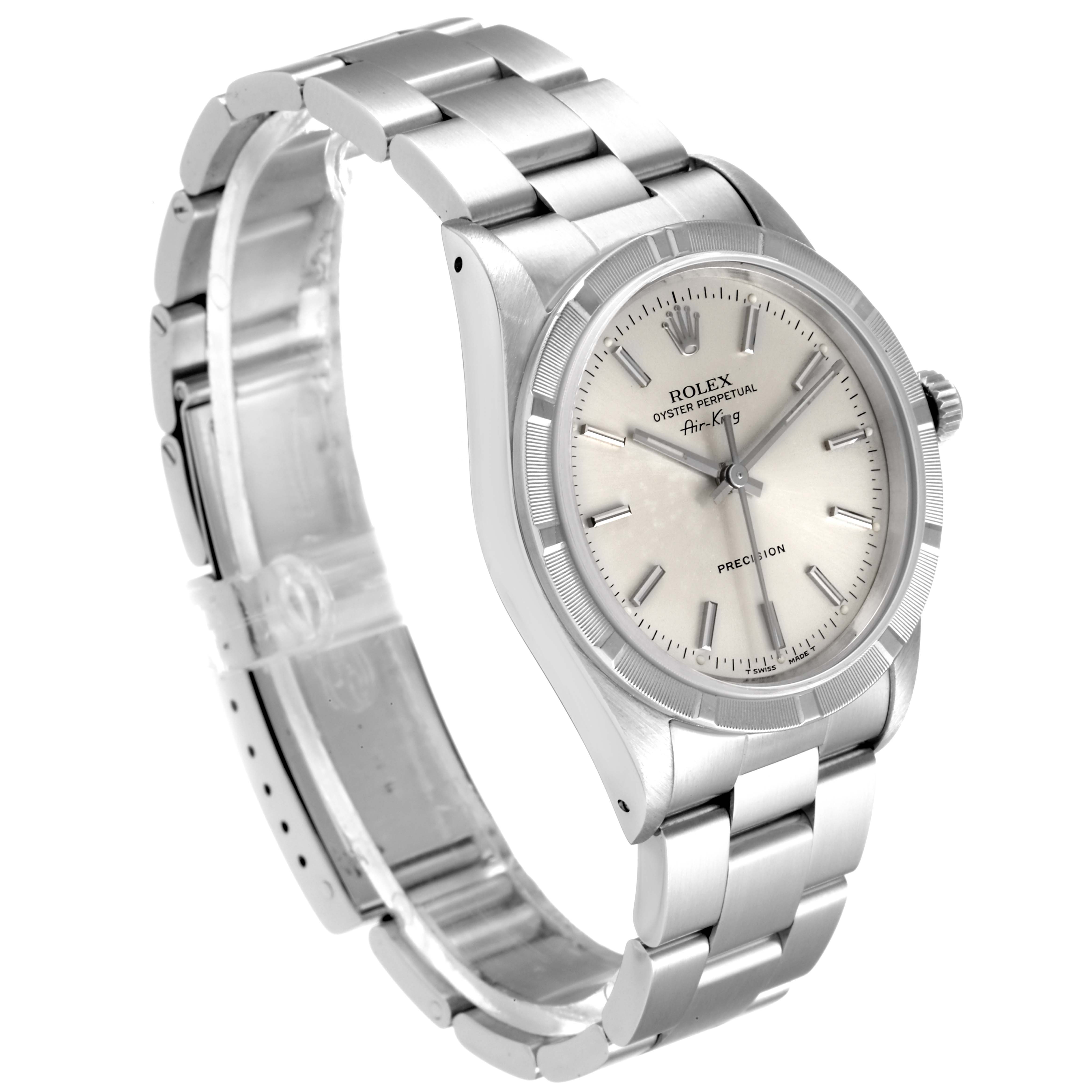 The image shows a Rolex Air-King 14010 Men's Stainless Steel Silver Dial 14010 Men's Stainless Steel Silver Dial watch from a slight side angle, displaying its face, band, and case.
