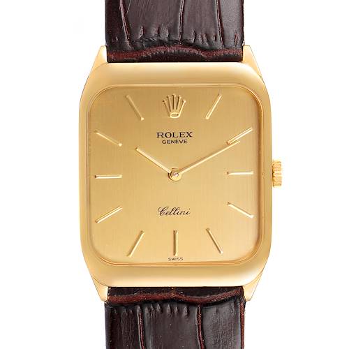 Photo of Rolex Cellini 18k Yellow Gold Brown Strap Mens Vintage Watch 4135
