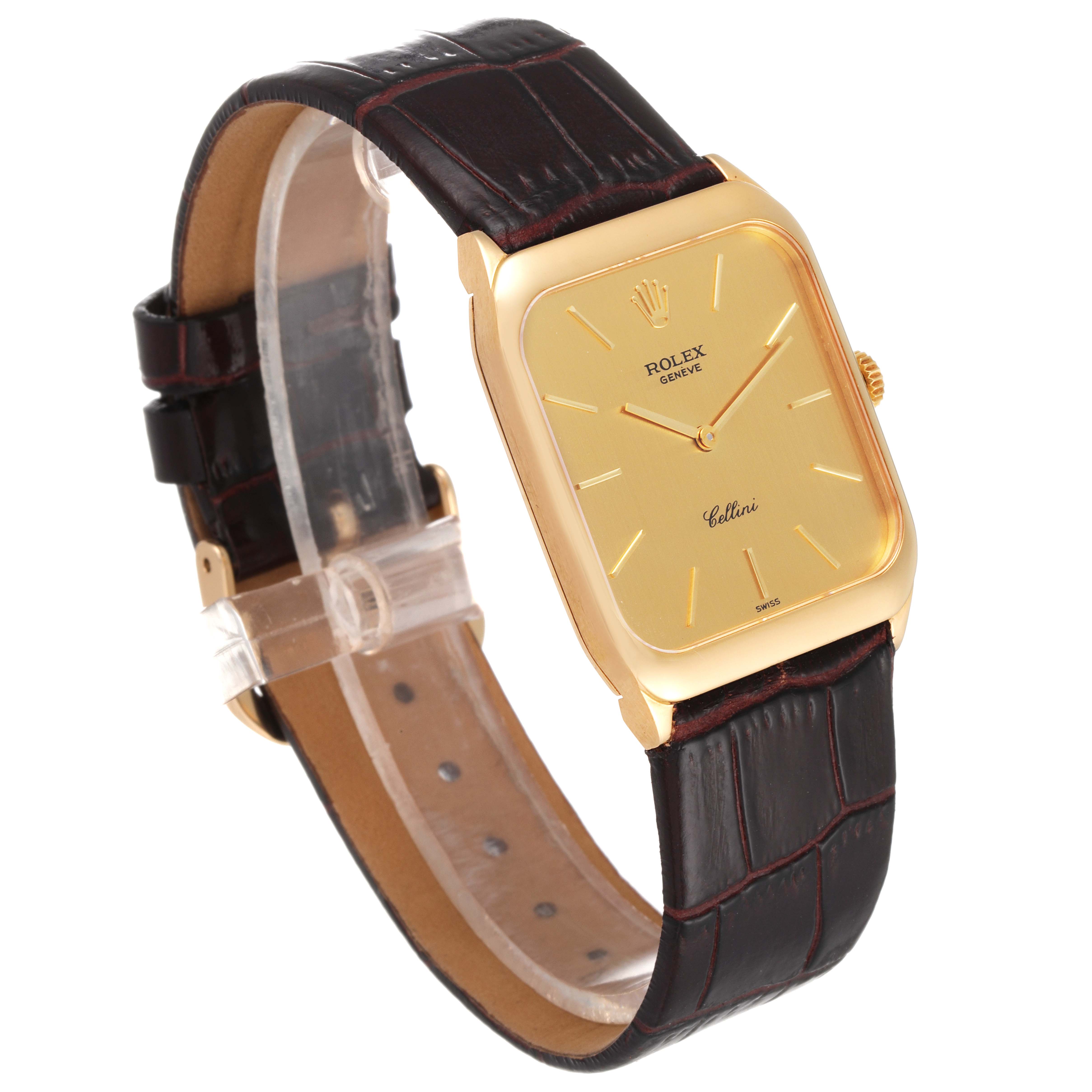 The image shows a Rolex Cellini 4135 Men's Yellow Gold Champagne Dial 4135 Men's Yellow Gold Champagne Dial model watch at a slight angle, highlighting its gold face and leather strap.