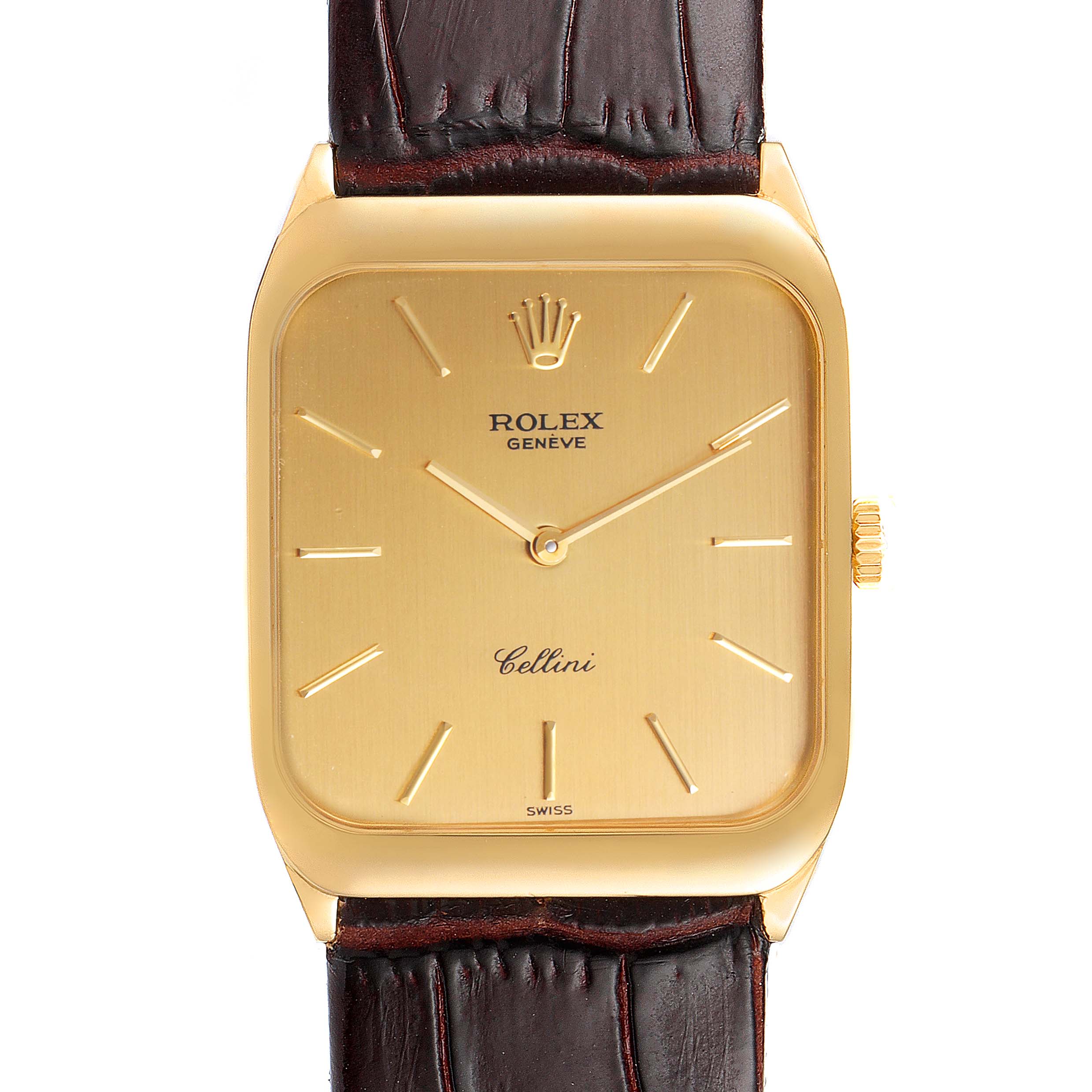 The image shows a front view of a Rolex Cellini 4135 Men's Yellow Gold Champagne Dial 4135 Men's Yellow Gold Champagne Dial watch with a gold case and leather strap.