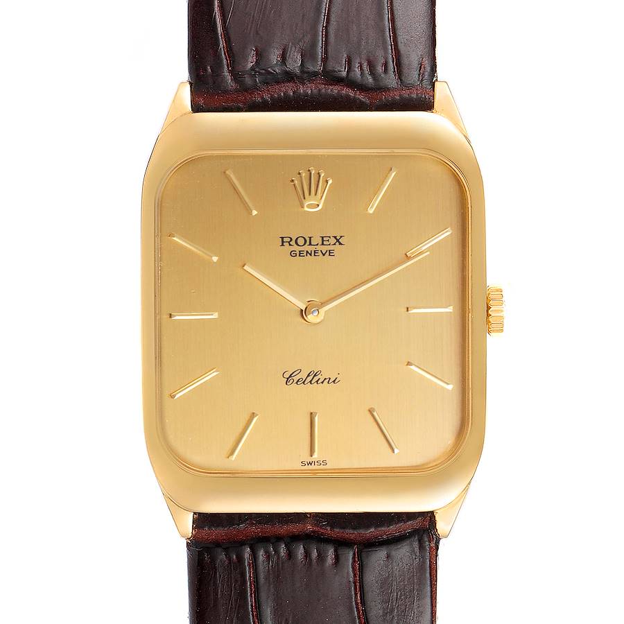 Rolex Cellini 18k Yellow Gold Brown Strap Mens Vintage Watch 4135 SwissWatchExpo