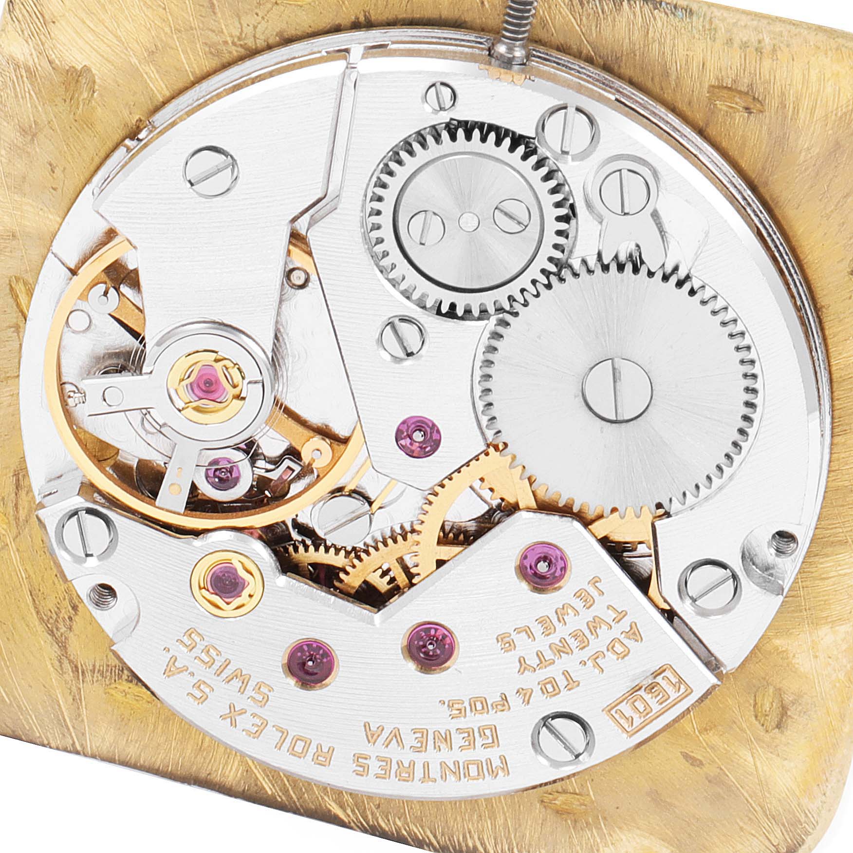 The image shows the intricate internal mechanism of a Rolex Cellini 4135 Men's Yellow Gold Champagne Dial 4135 Men's Yellow Gold Champagne Dial watch from a top-down angle.
