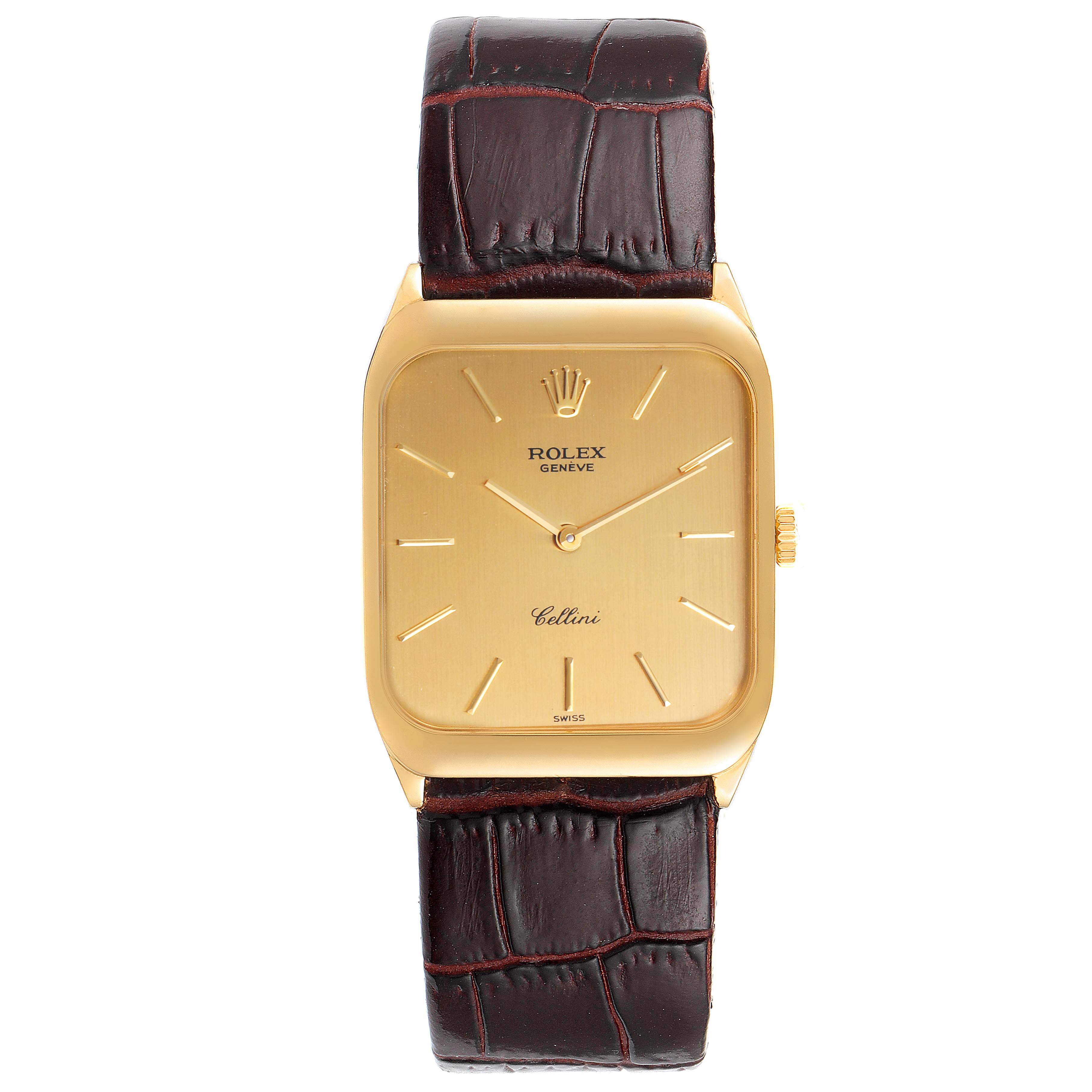 The image shows a front view of a Rolex Cellini 4135 Men's Yellow Gold Champagne Dial 4135 Men's Yellow Gold Champagne Dial watch with a gold square face and a brown leather strap.