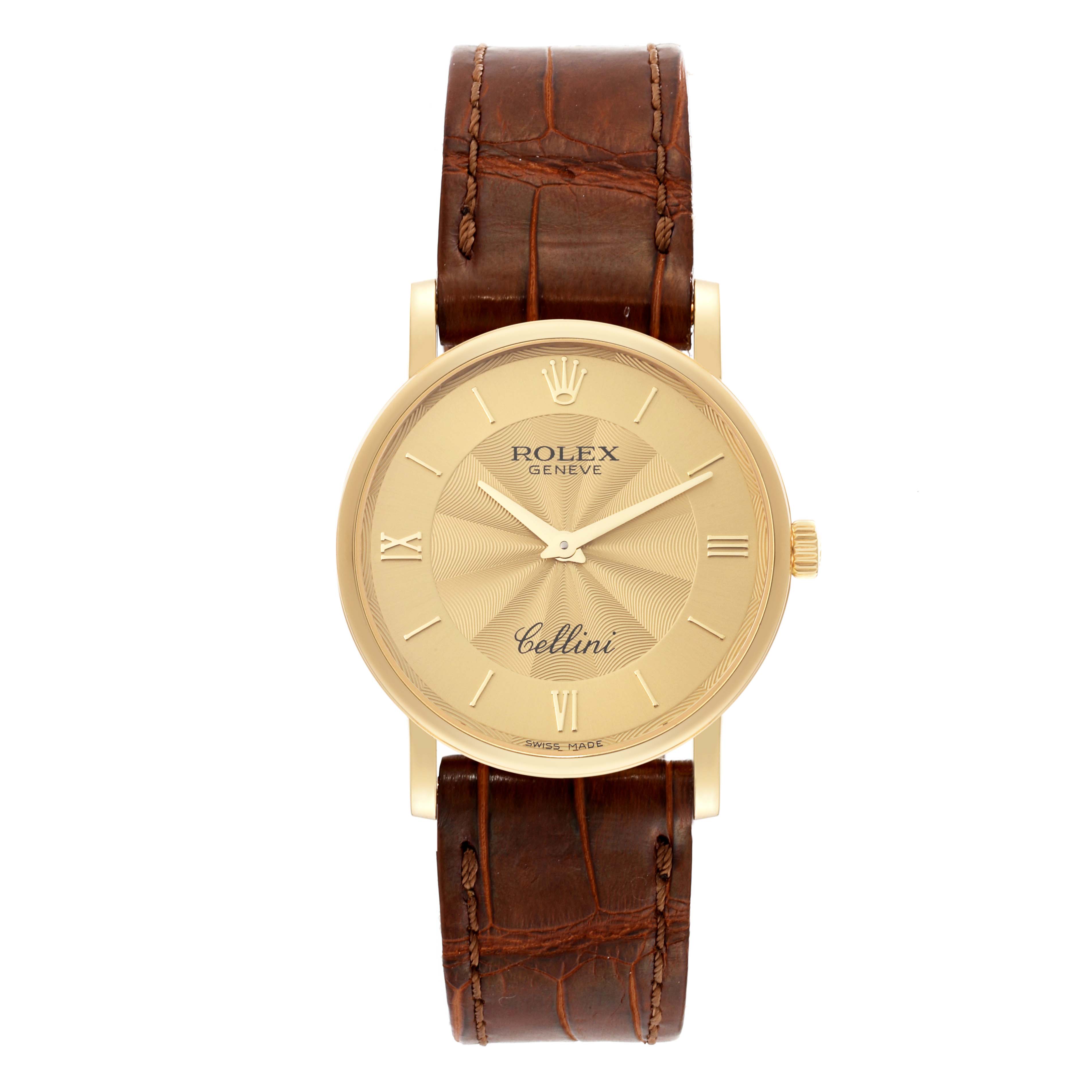 The image shows a front view of a Rolex Cellini 5115 Men's Yellow Gold Champagne Dial 5115 Men's Yellow Gold Champagne Dial model watch with a brown leather strap and a gold dial.