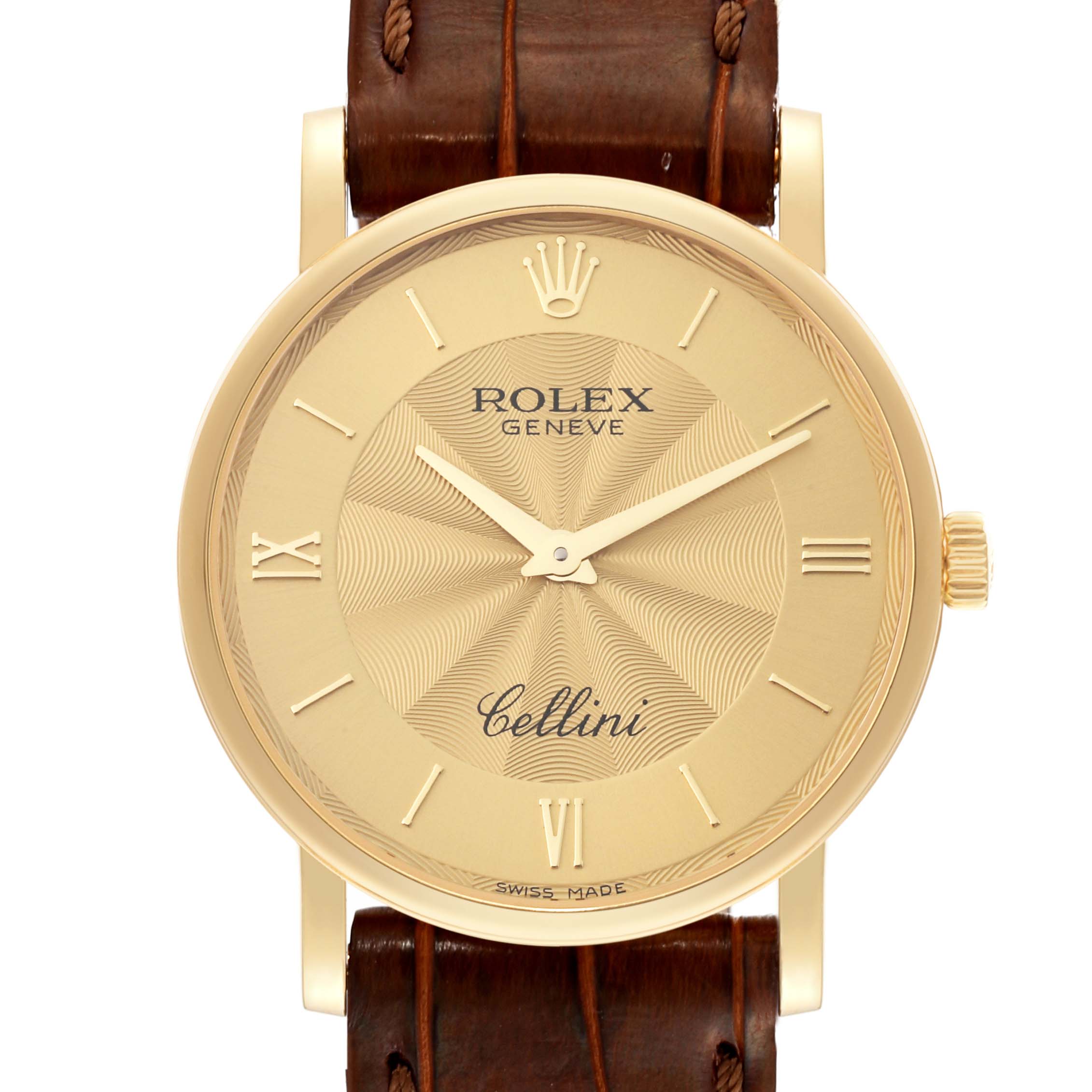 The image shows a front view of a Rolex Cellini 5115 Men's Yellow Gold Champagne Dial 5115 Men's Yellow Gold Champagne Dial watch displaying its gold dial, hands, crown, and brown leather strap.
