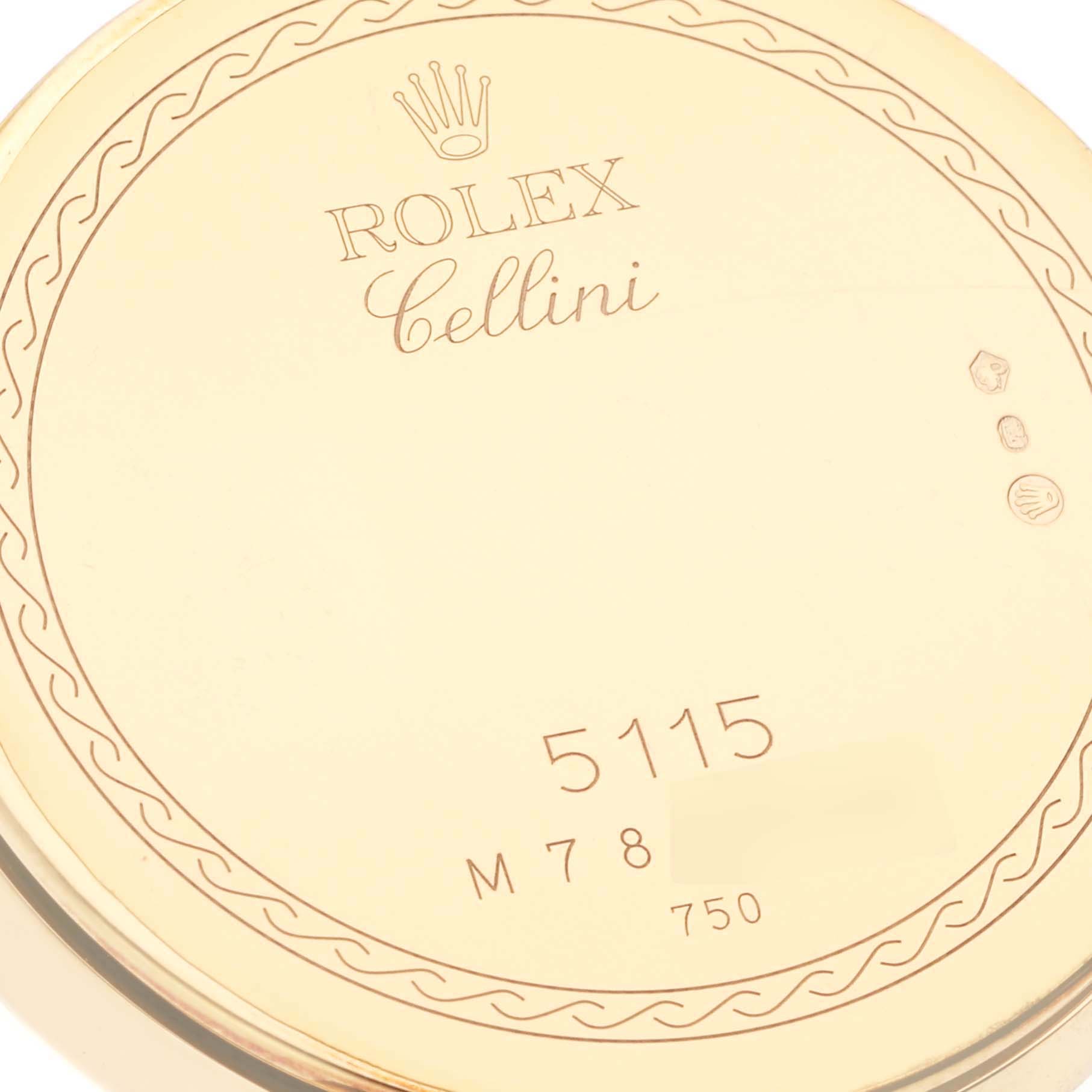 This image shows the back case of a Rolex Cellini 5115 Men's Yellow Gold Champagne Dial 5115 Men's Yellow Gold Champagne Dial model watch with engravings and decorative details.