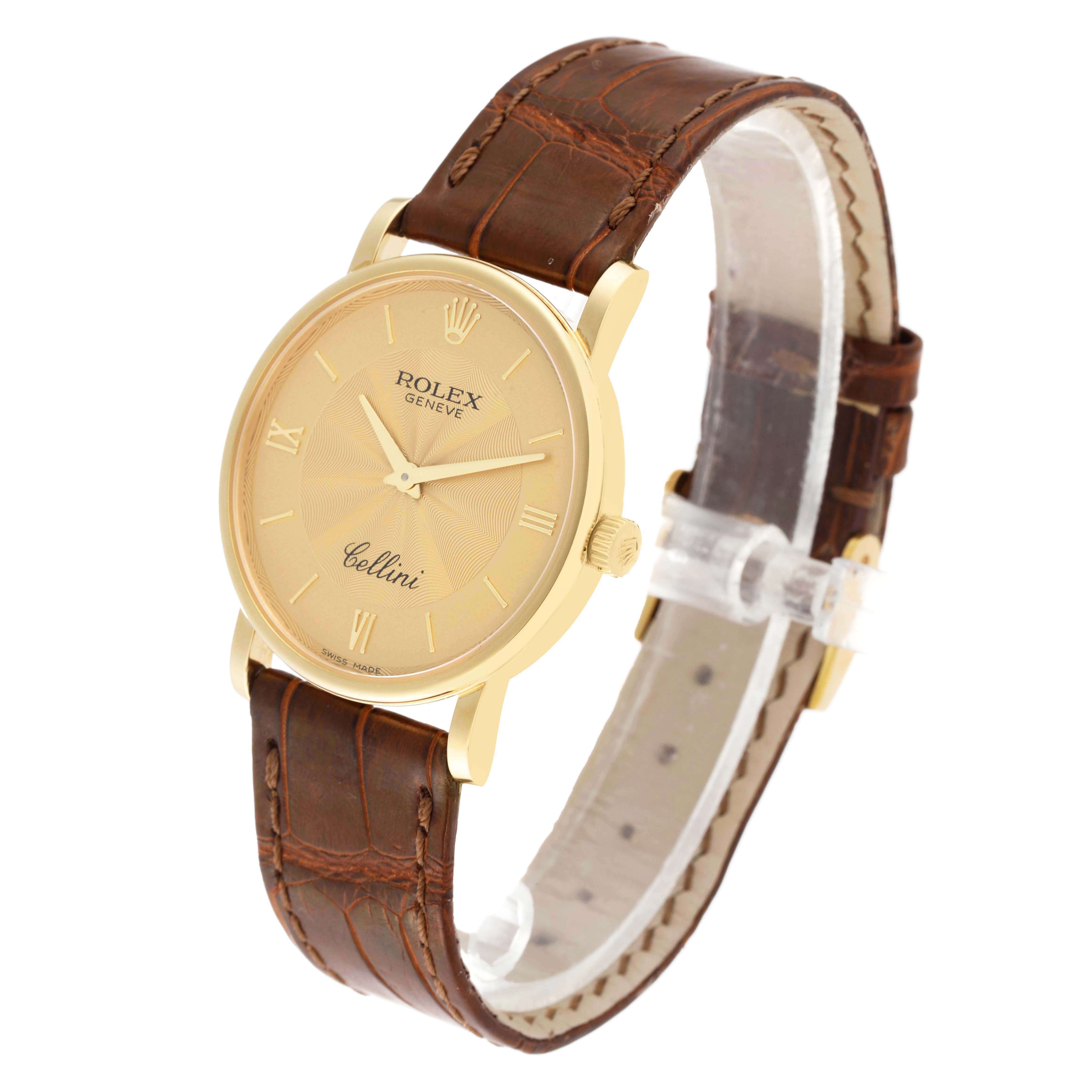 The image shows a Rolex Cellini 5115 Men's Yellow Gold Champagne Dial 5115 Men's Yellow Gold Champagne Dial watch with a gold dial and brown leather strap, angled slightly to the right.