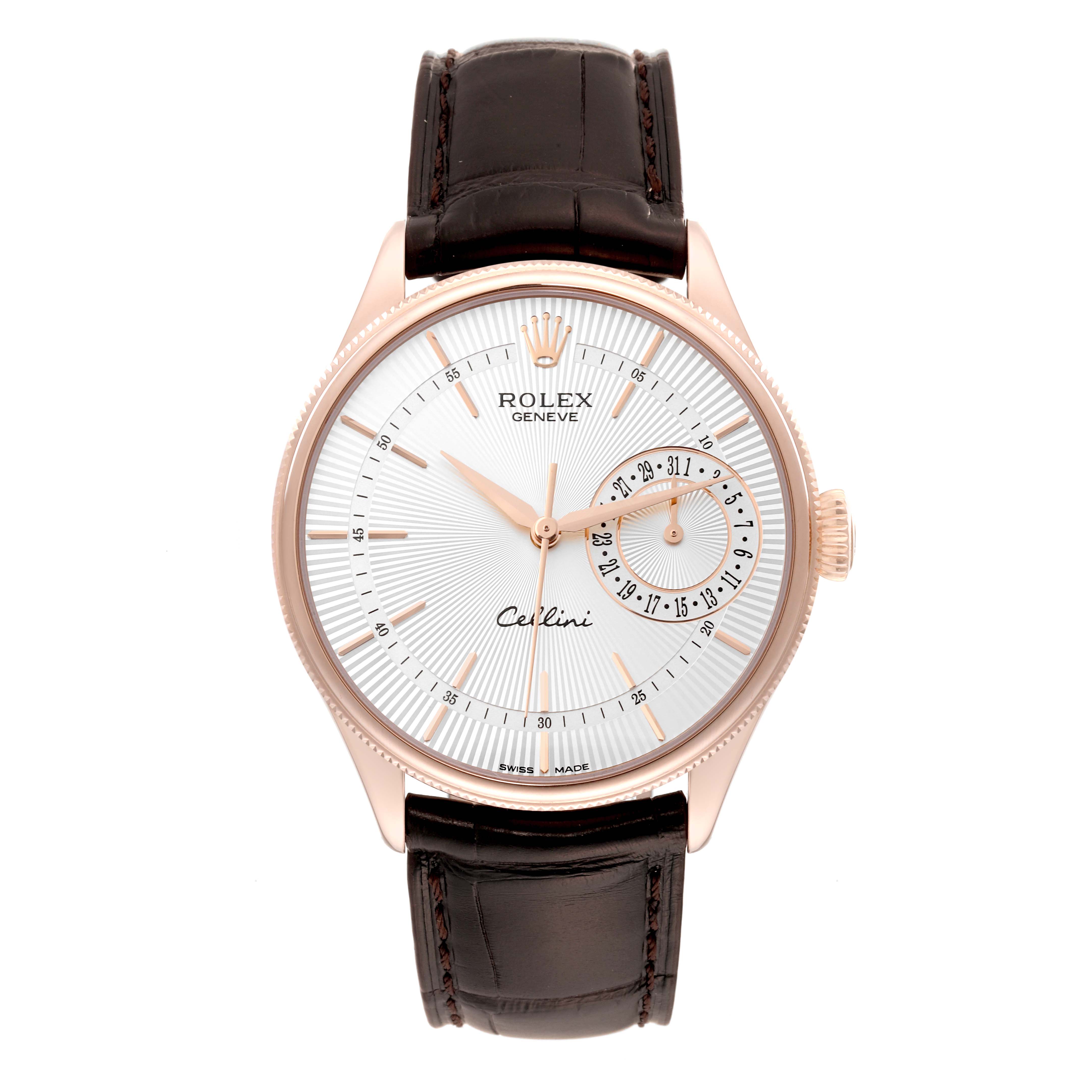 This image shows a front view of a Rolex Cellini 50515 Men's Rose Gold Silver Dial 50515 Men's Rose Gold Silver Dial watch featuring a white dial, rose gold casing, and a black leather strap.