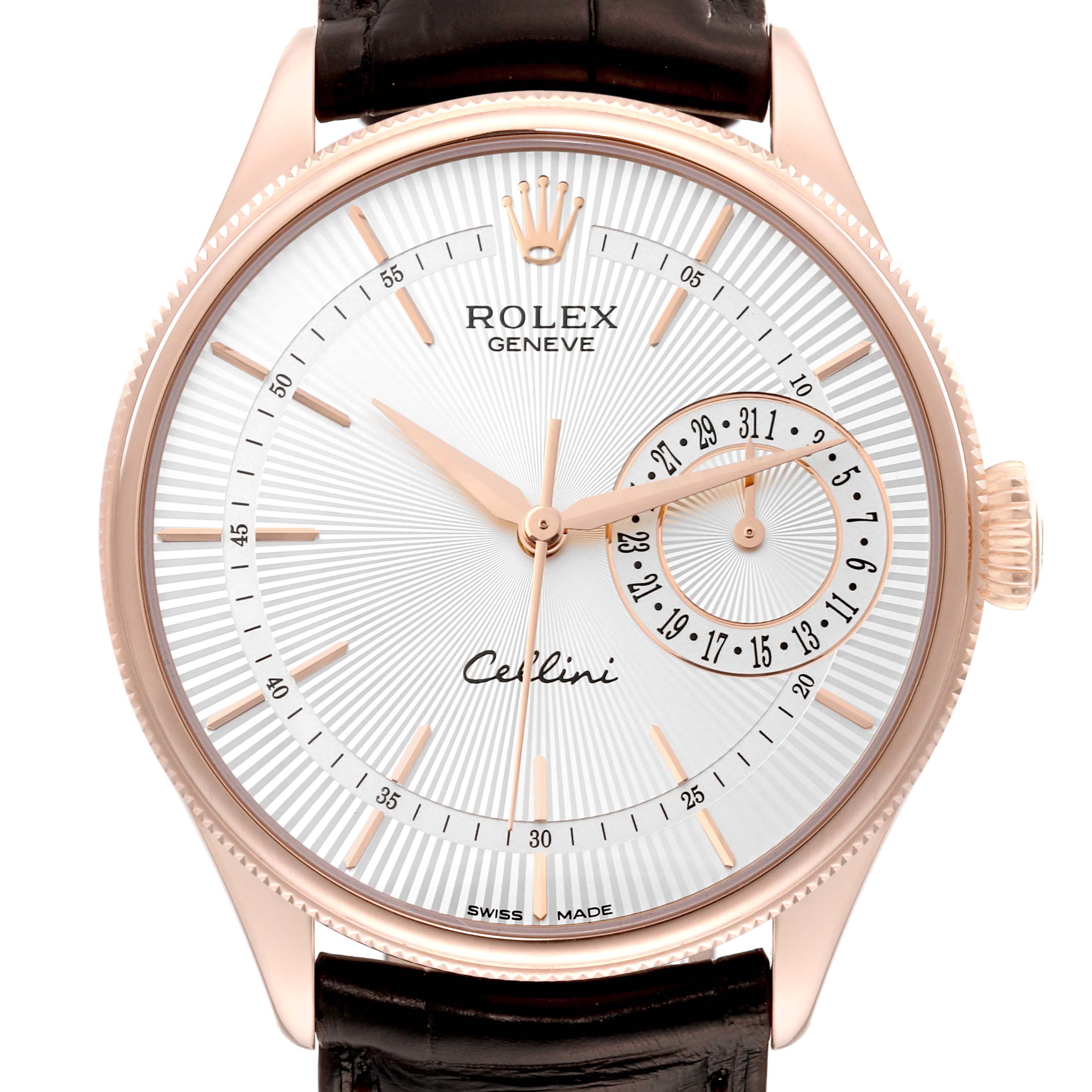 This image shows a front angle view of a Rolex Cellini 50515 Men's Rose Gold Silver Dial 50515 Men's Rose Gold Silver Dial watch, highlighting the dial, hands, hour markers, and date sub-dial.