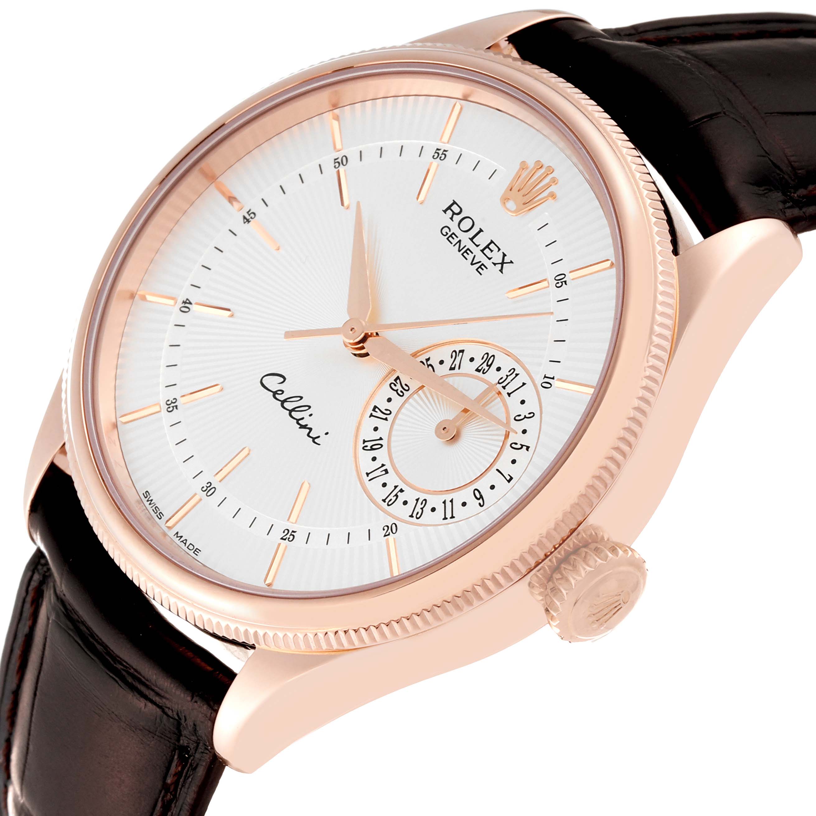 The image shows a Rolex Cellini 50515 Men's Rose Gold Silver Dial 50515 Men's Rose Gold Silver Dial watch at a slight angle, highlighting its white dial, rose gold case, and black leather strap.