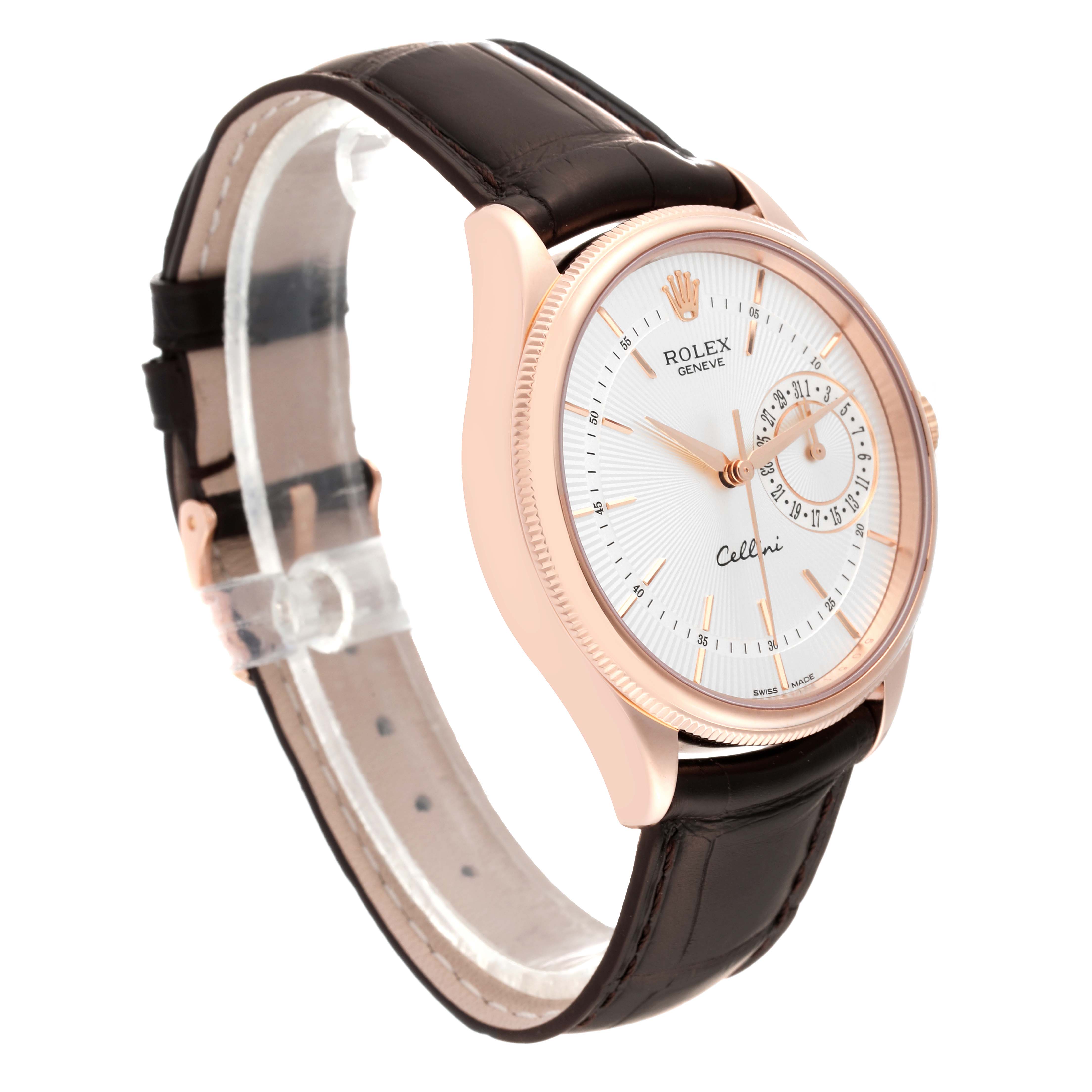 The image shows a Rolex Cellini 50515 Men's Rose Gold Silver Dial 50515 Men's Rose Gold Silver Dial watch at an angled view, highlighting its dial, case, and leather strap.