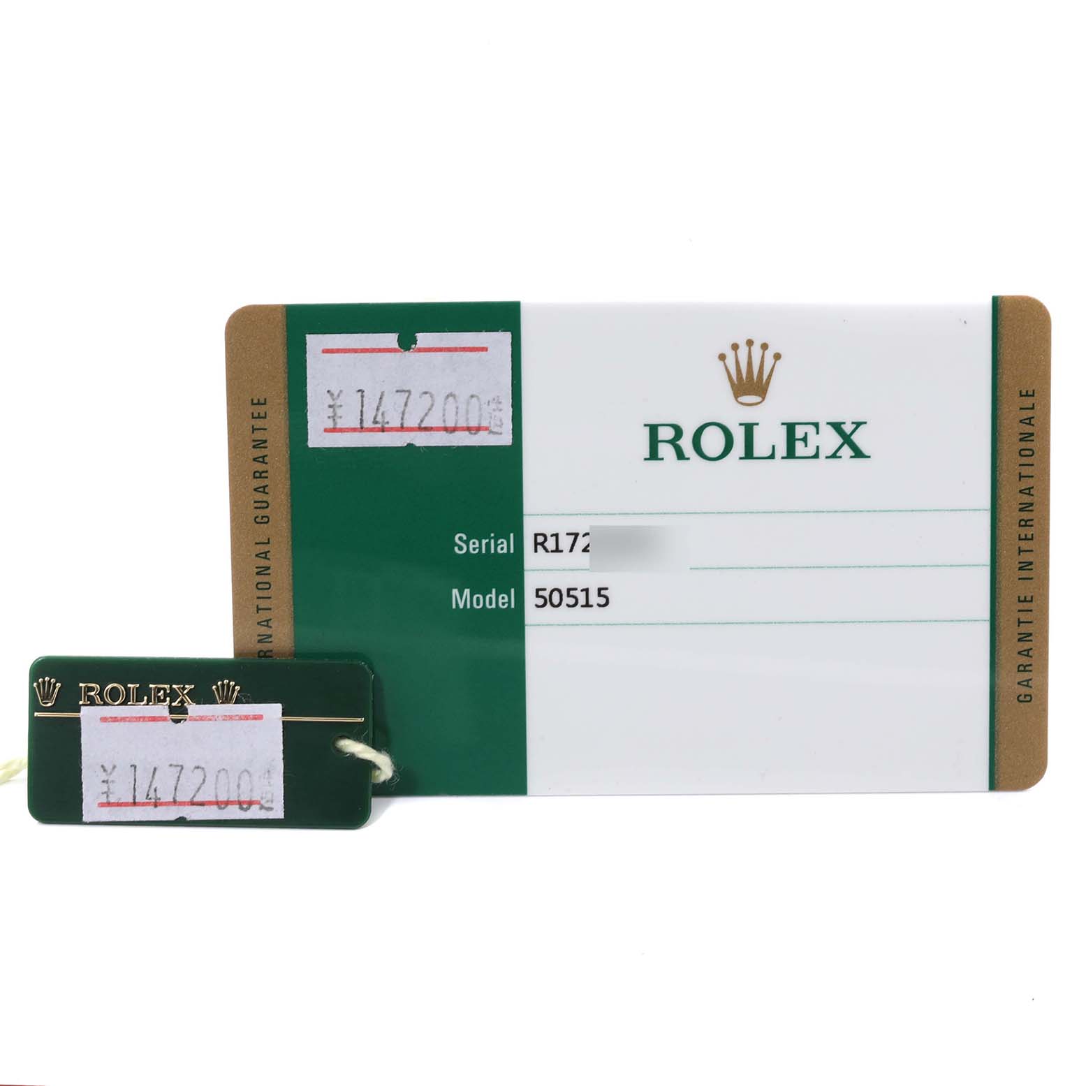 The image shows the guarantee card and a tag for the Rolex Cellini 50515 Men's Rose Gold Silver Dial 50515 Men's Rose Gold Silver Dial Model 50515.