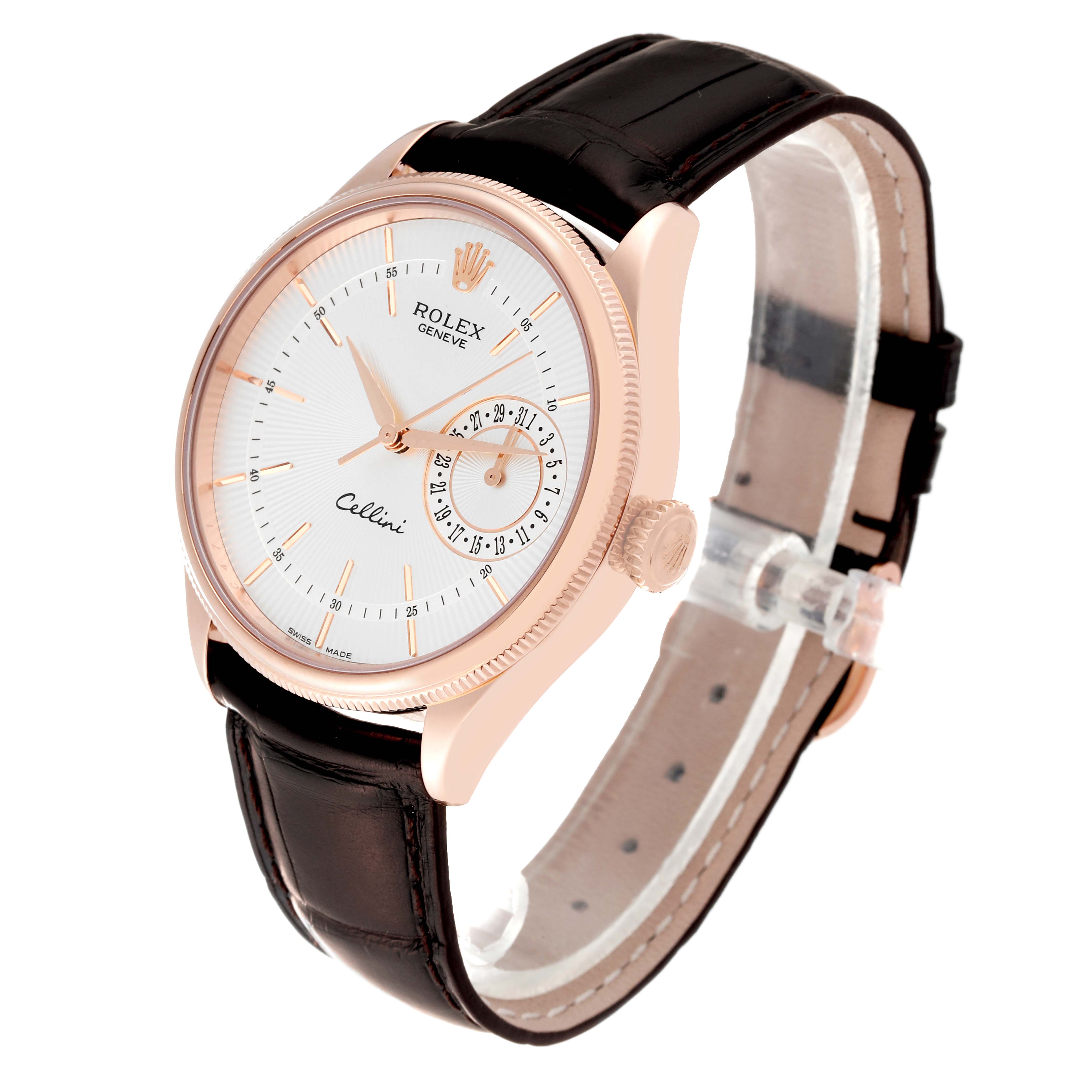 The Rolex Cellini 50515 Men's Rose Gold Silver Dial 50515 Men's Rose Gold Silver Dial watch is shown at a slight angle, displaying its face, case, crown, and black leather strap.