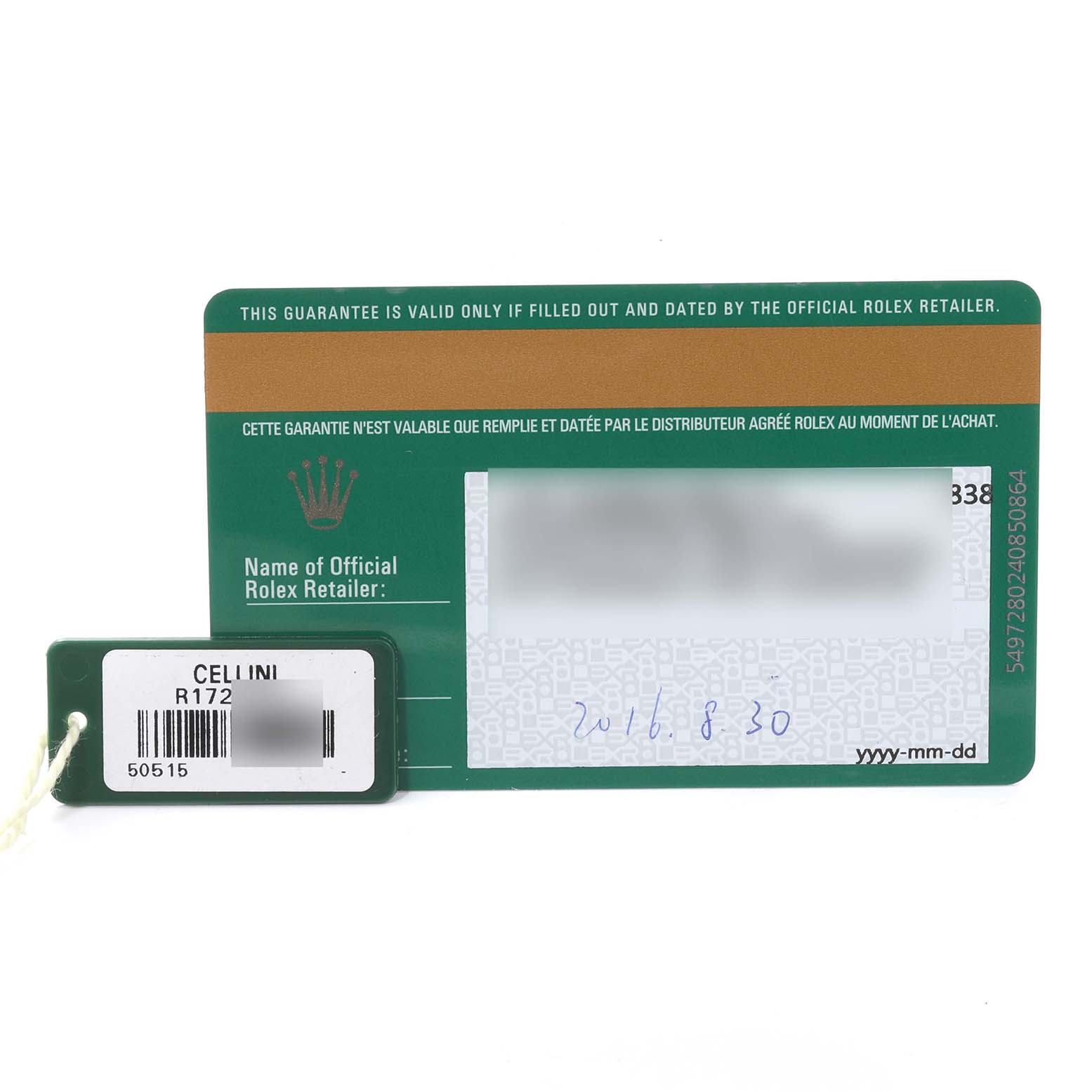 The image shows a Rolex Cellini 50515 Men's Rose Gold Silver Dial 50515 Men's Rose Gold Silver Dial model R172 tag and a Rolex warranty card, both viewed from a top-down angle.