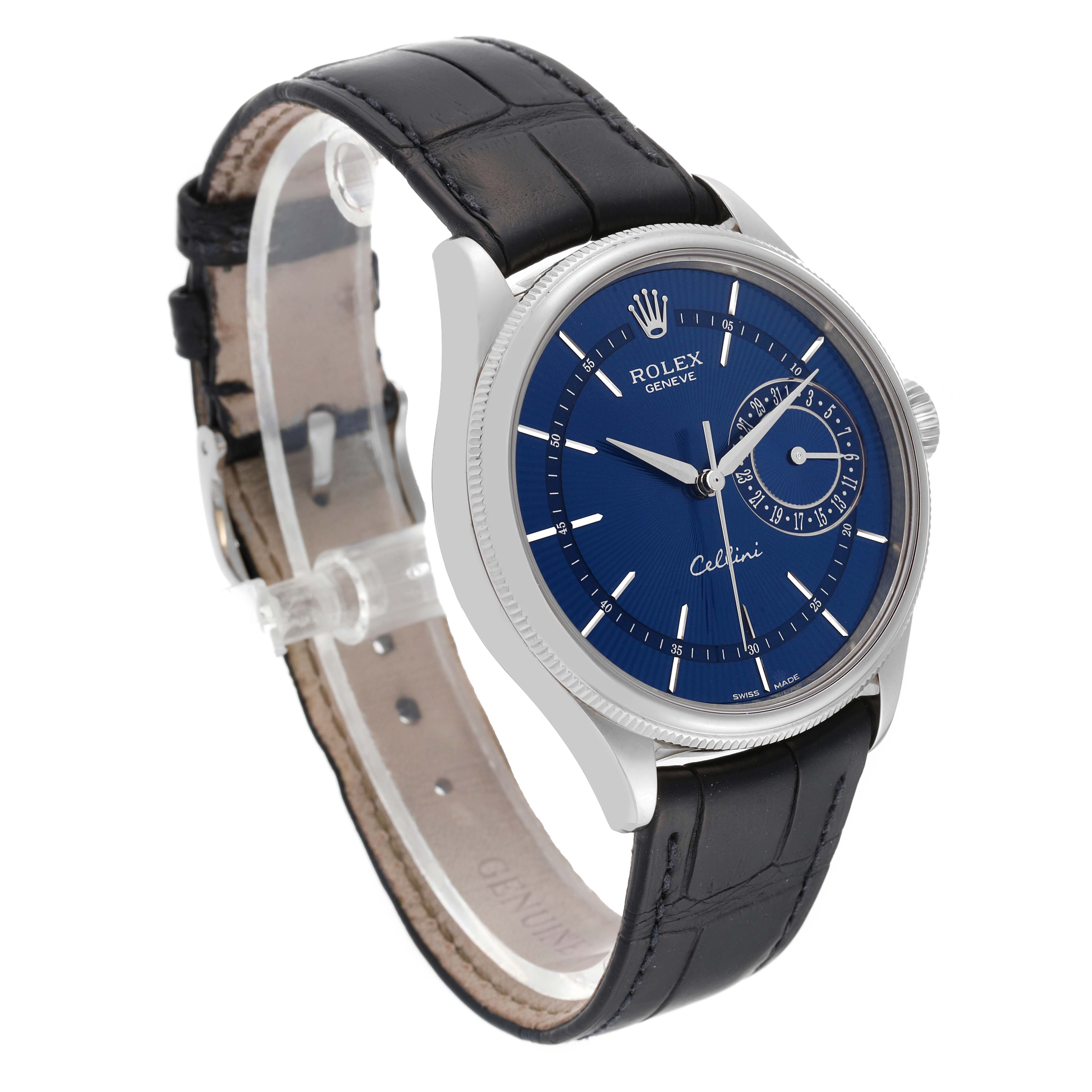 This Rolex Cellini 50519 Men's White Gold Blue Dial 50519 Men's White Gold Blue Dial watch is shown at a three-quarter angle, displaying the blue dial, silver hands, and black leather strap.