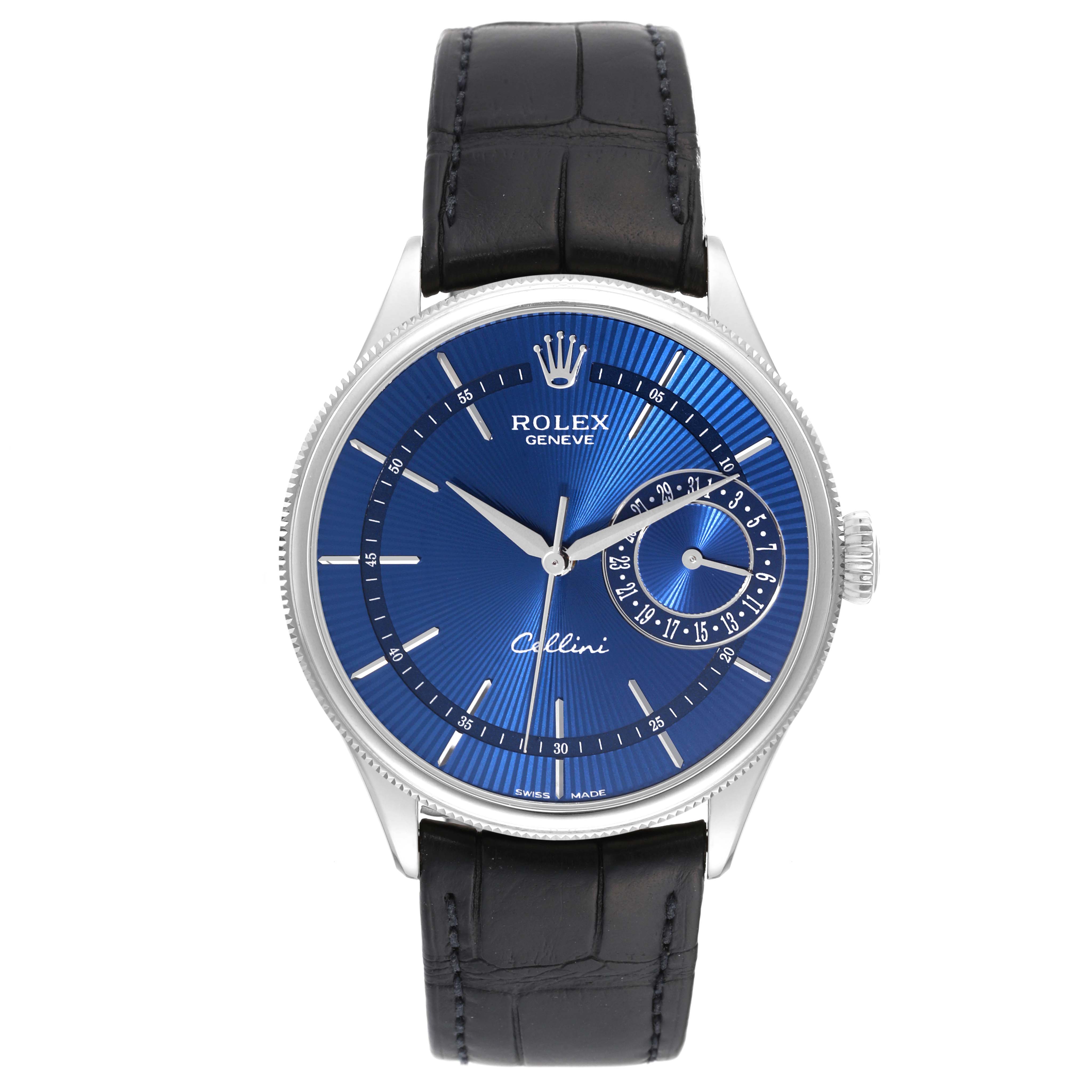 The image shows a front view of a Rolex Cellini 50519 Men's White Gold Blue Dial 50519 Men's White Gold Blue Dial watch featuring a blue dial, silver case, and black leather strap.