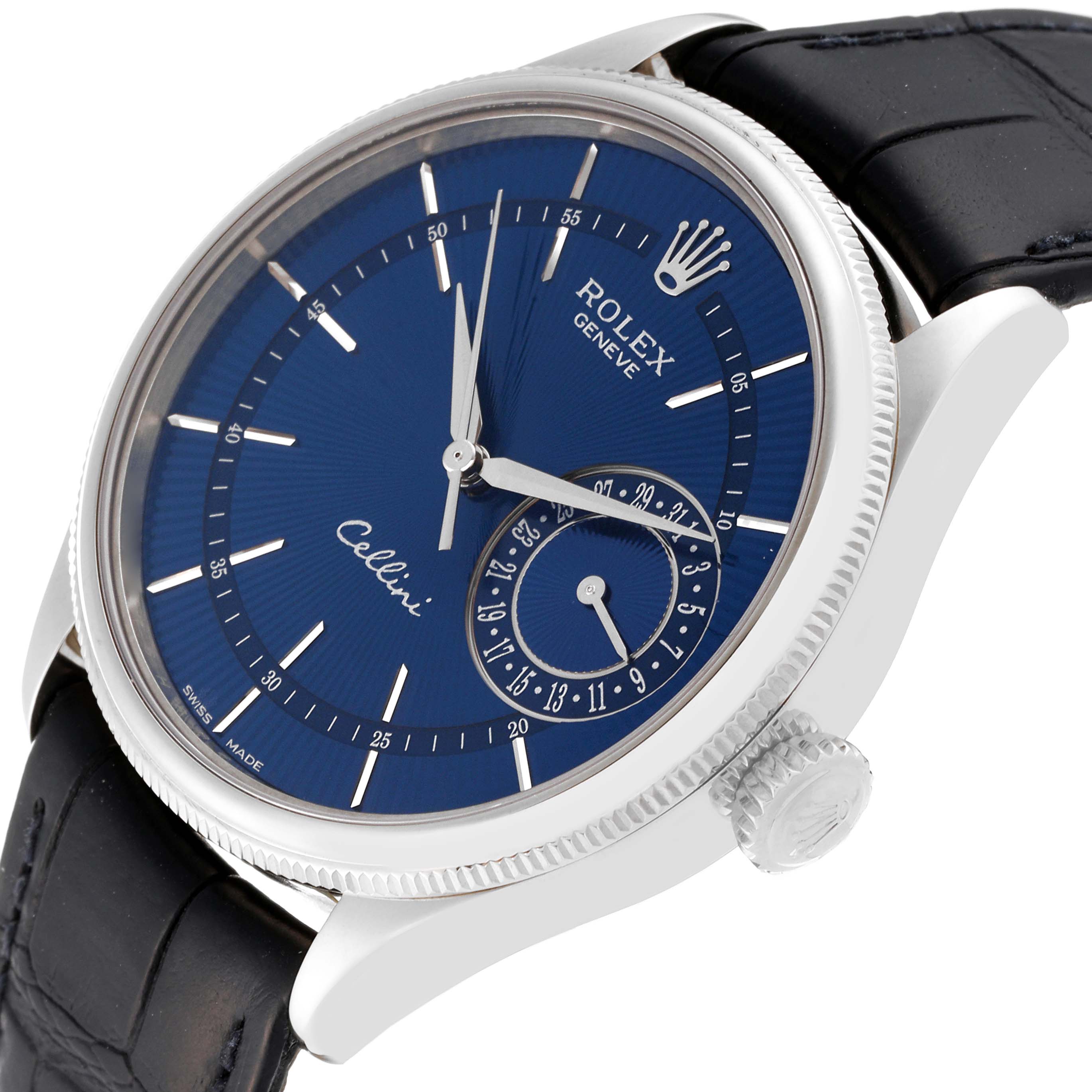 The Rolex Cellini 50519 Men's White Gold Blue Dial 50519 Men's White Gold Blue Dial watch is shown at a slight angle, highlighting the blue dial, fluted bezel, crown, and black leather strap.