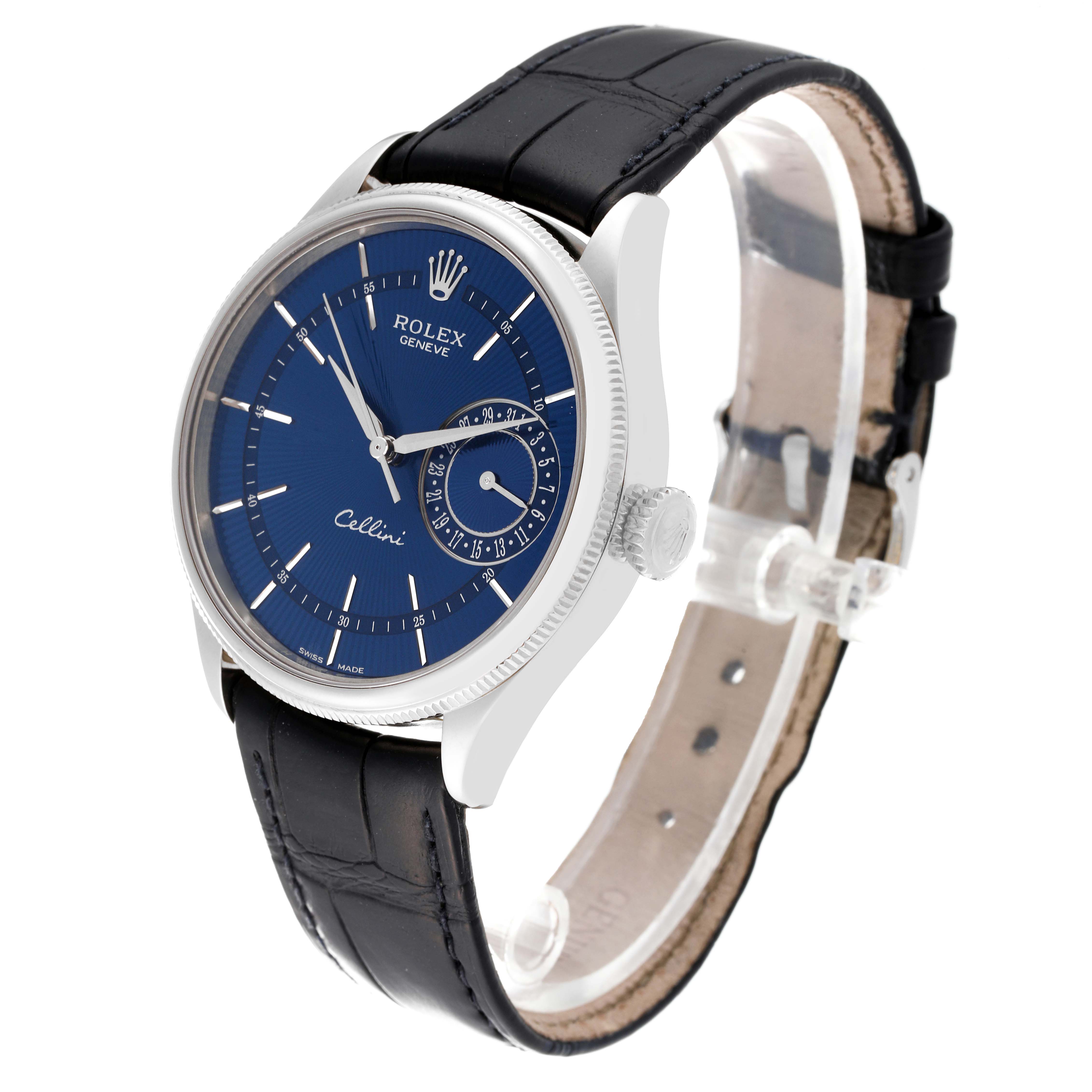 This Rolex Cellini 50519 Men's White Gold Blue Dial 50519 Men's White Gold Blue Dial watch is shown at a slight side angle, displaying the face, bezel, crown, and leather strap.