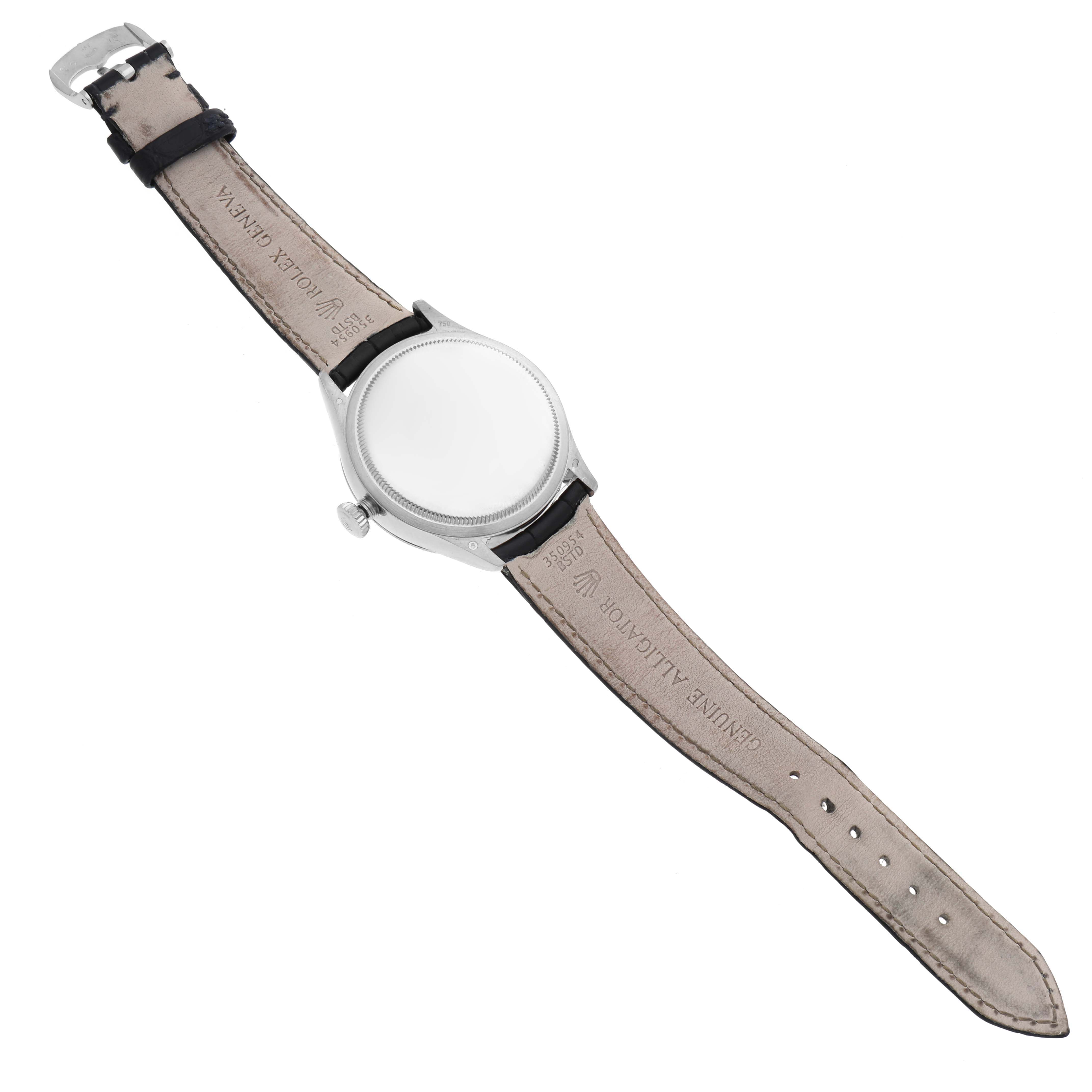 This image shows the back side of a Rolex Cellini 50519 Men's White Gold Blue Dial 50519 Men's White Gold Blue Dial watch, displaying the leather strap and buckle.