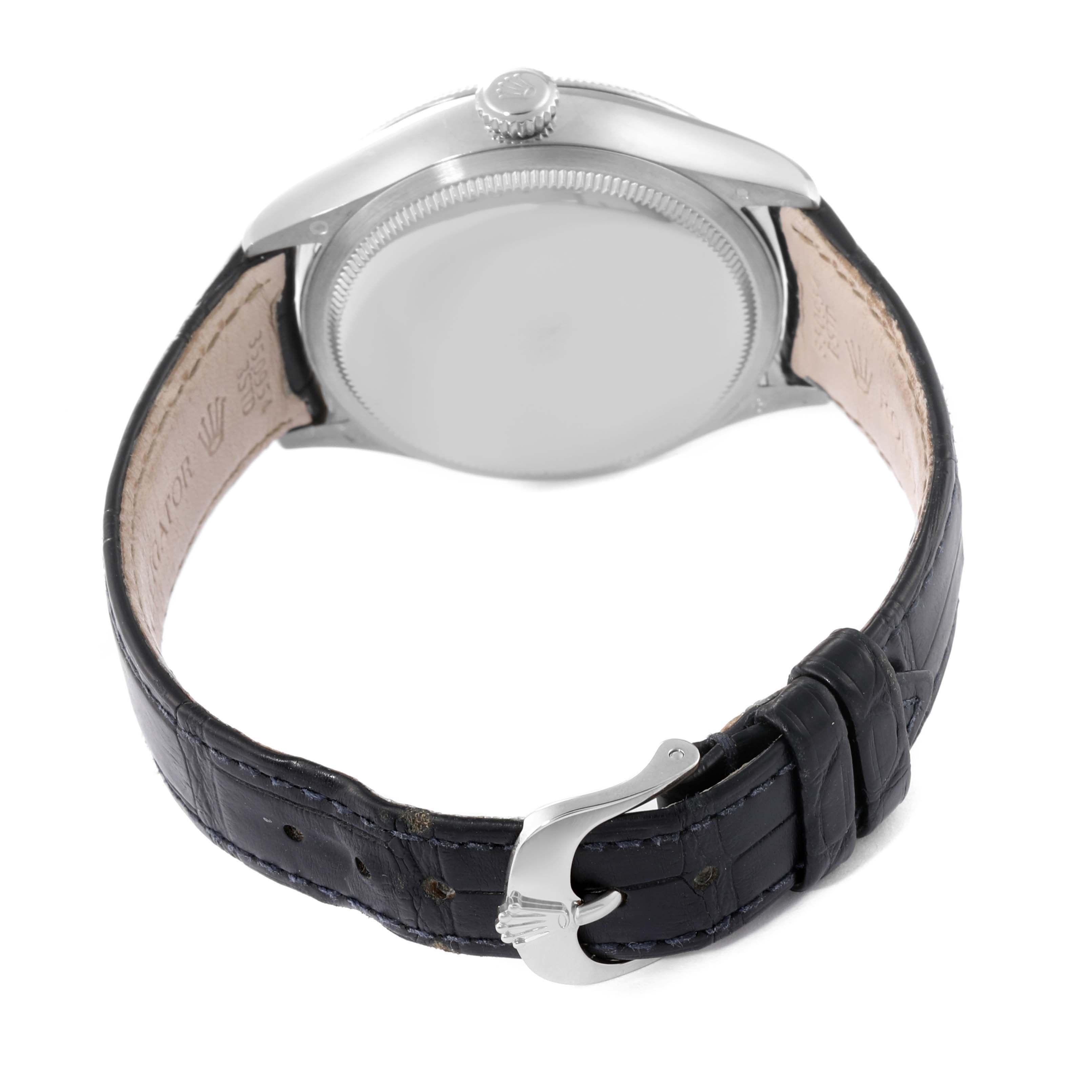 This image shows the back of a Rolex Cellini 50519 Men's White Gold Blue Dial 50519 Men's White Gold Blue Dial model watch with its black leather strap and clasp visible.