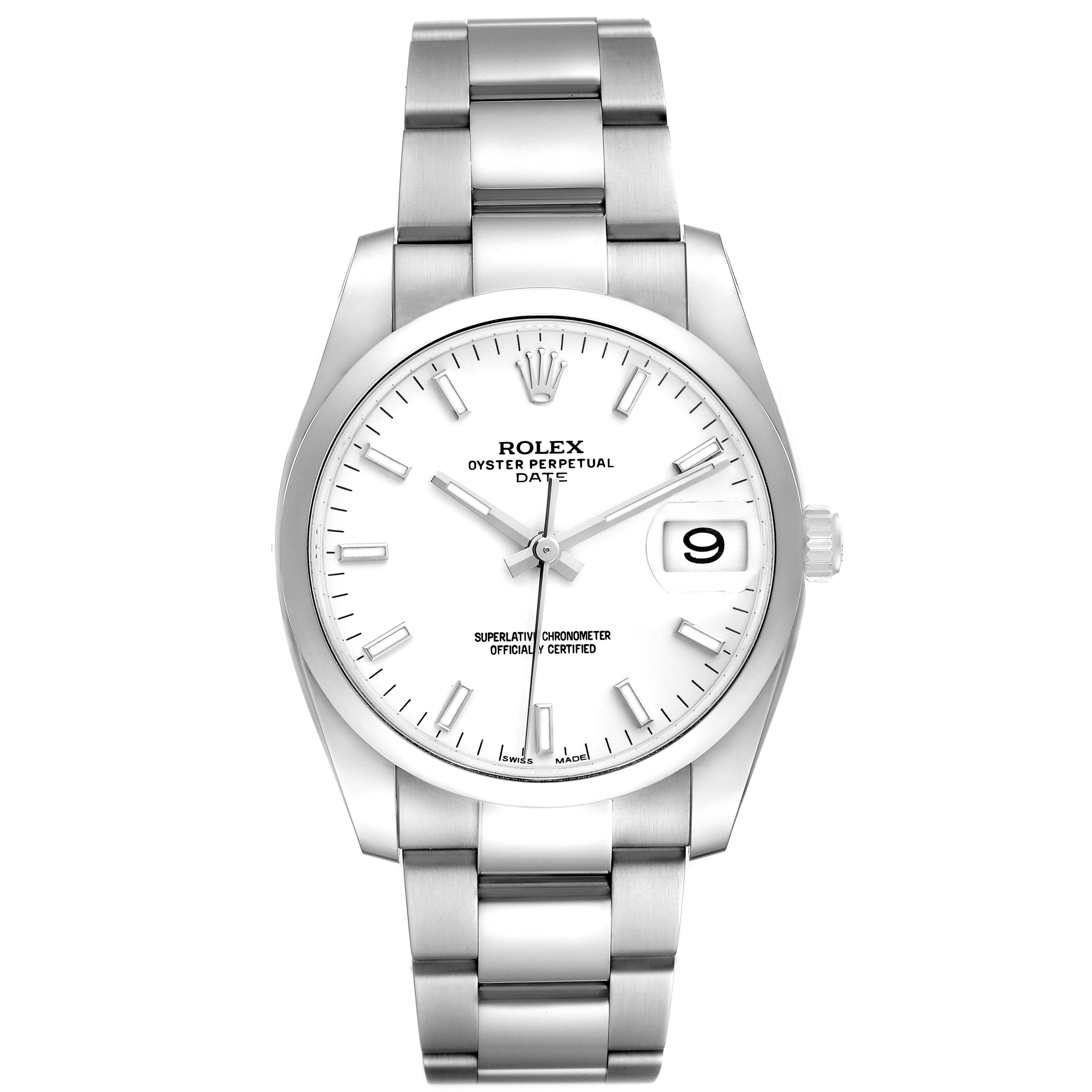 The Rolex Date 115200 Men's Stainless Steel White Dial watch is shown from the front, displaying the dial, bezel, bracelet, and crown.