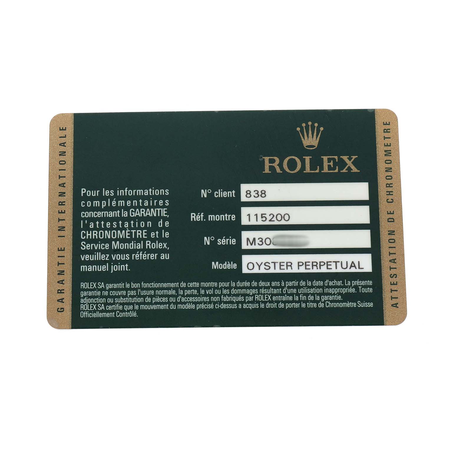 The image shows a Rolex Oyster Perpetual warranty card, showing details such as model and serial numbers.