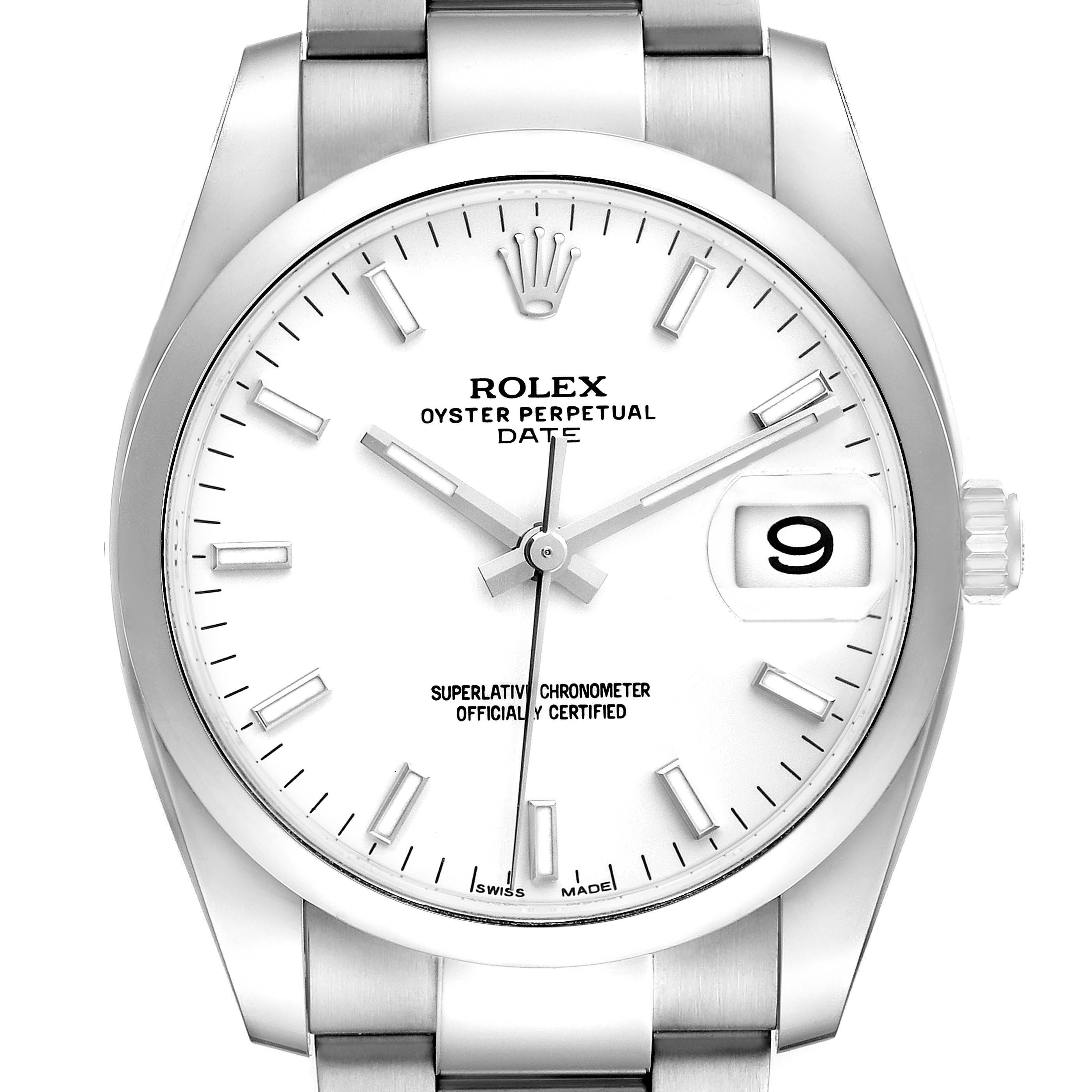 The Rolex Date 115200 Men's Stainless Steel White Dial model watch is shown from a front angle, displaying the dial, hands, case, crown, and bracelet.