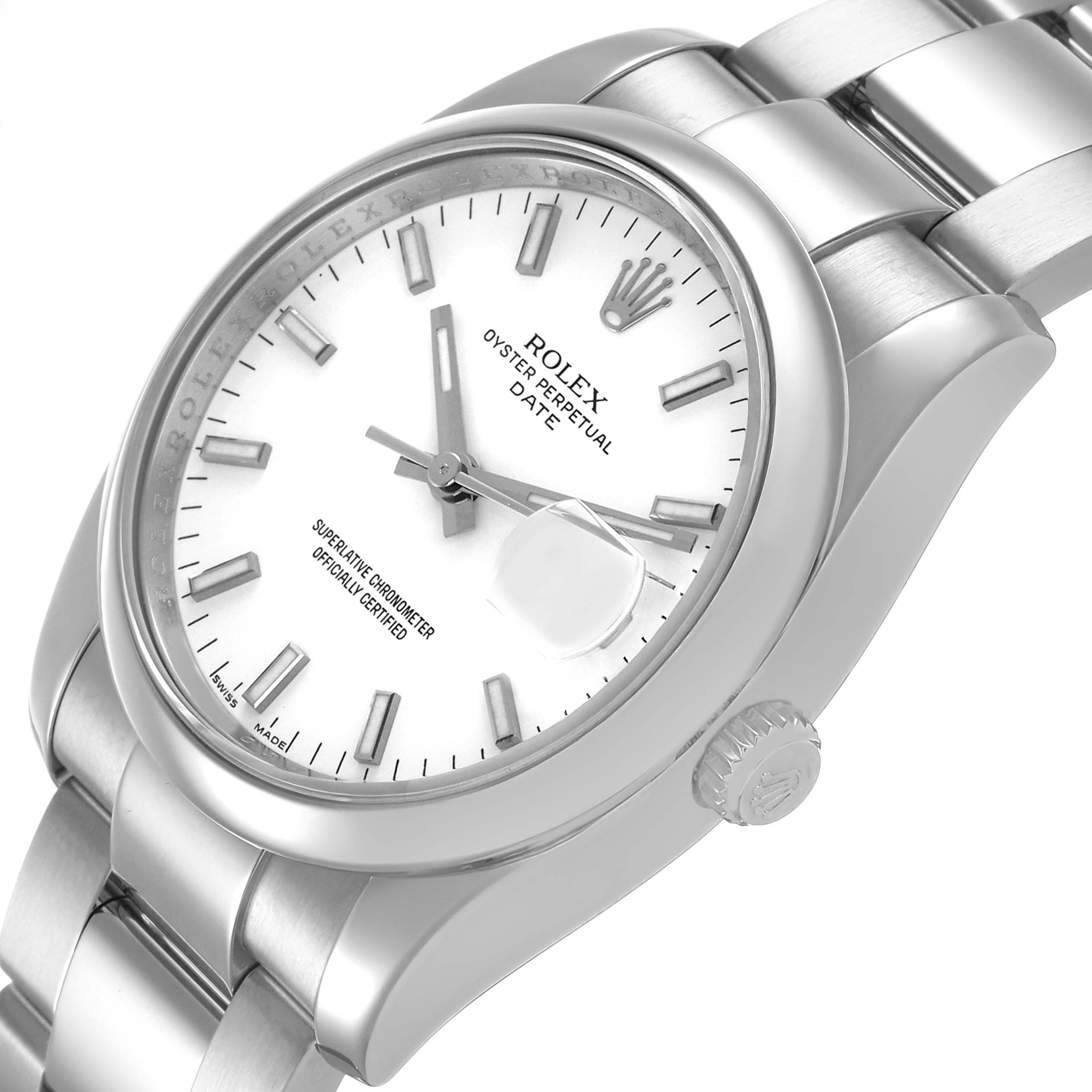 The Rolex Date 115200 Men's Stainless Steel White Dial watch is shown at a three-quarter angle, highlighting the dial, crown, and bracelet.