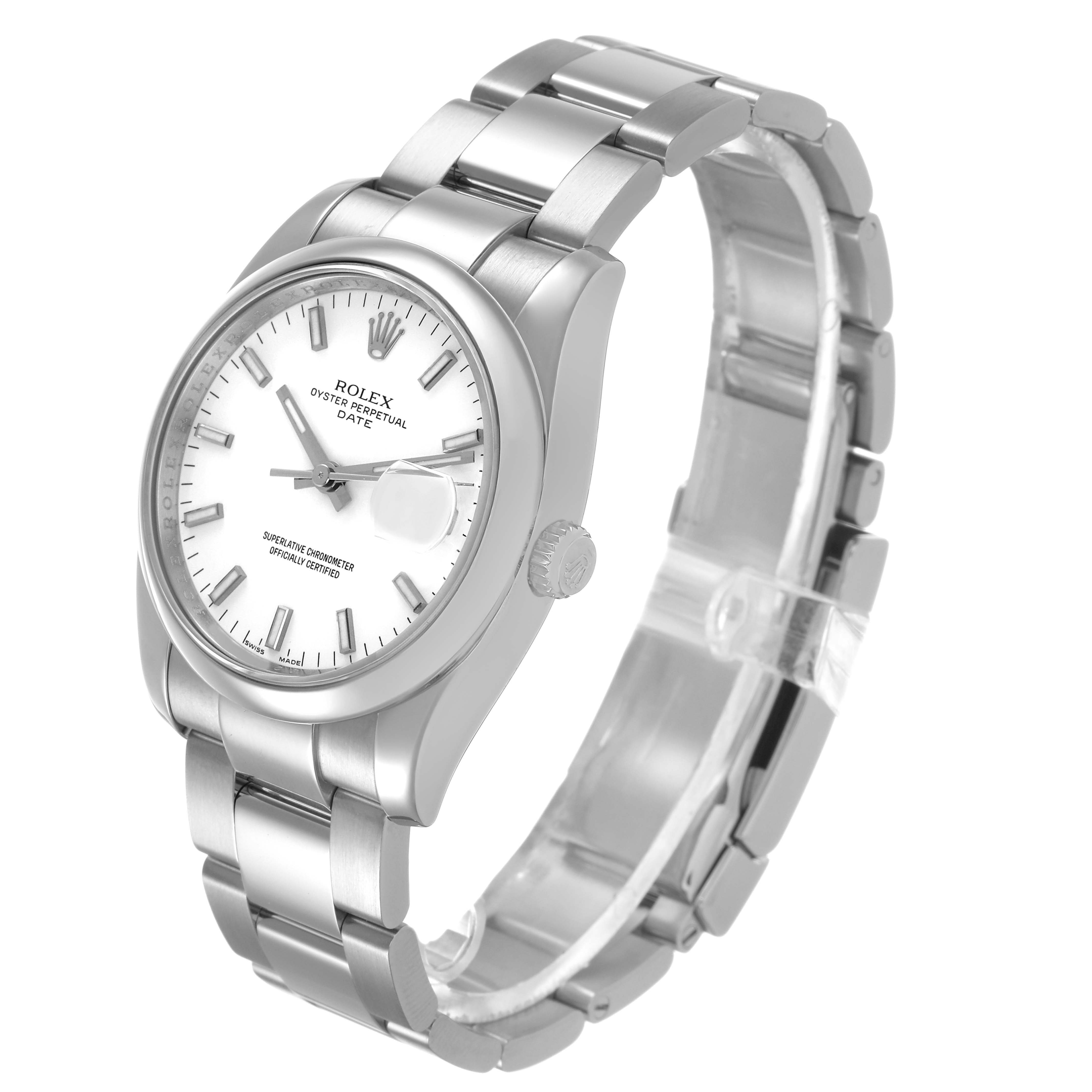 The Rolex Date 115200 Men's Stainless Steel White Dial model is shown at a three-quarter angle, highlighting the face, bracelet, and crown side.