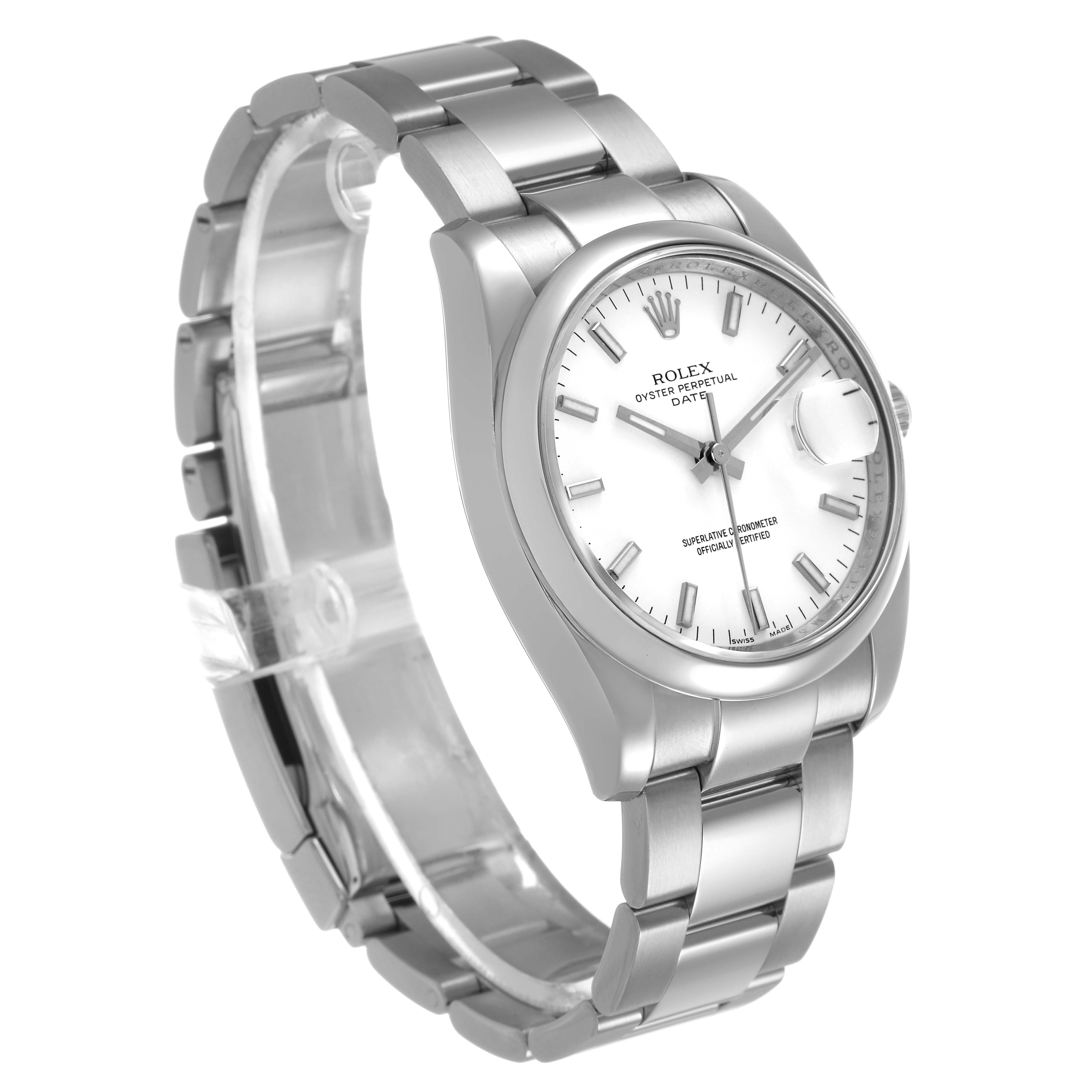 The Rolex Date 115200 Men's Stainless Steel White Dial watch is shown from a three-quarter angle, highlighting the dial, bracelet, and case.