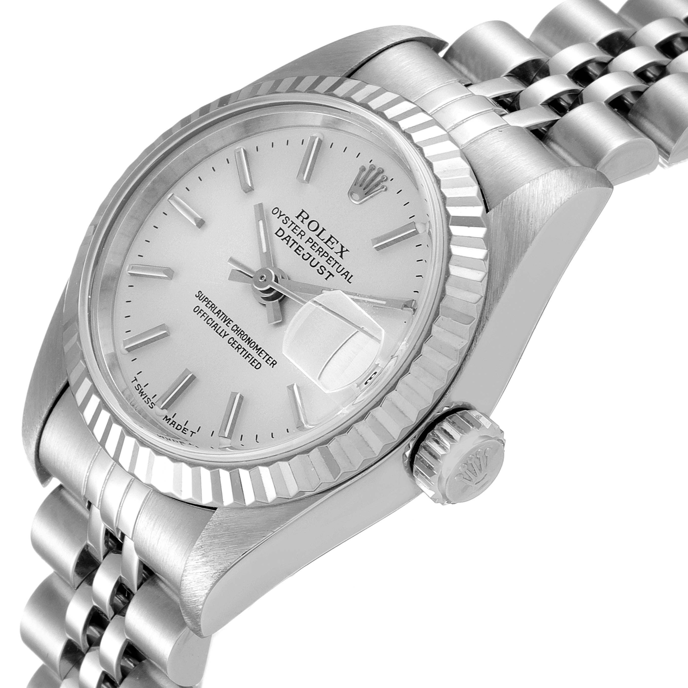 This image shows a Rolex Datejust 79174 Women
s Stainless Steel Silver Dial 79174 Women
s Stainless Steel Silver Dial watch at a slight angle, displaying its face, bezel, crown, and a portion of the bracelet.
