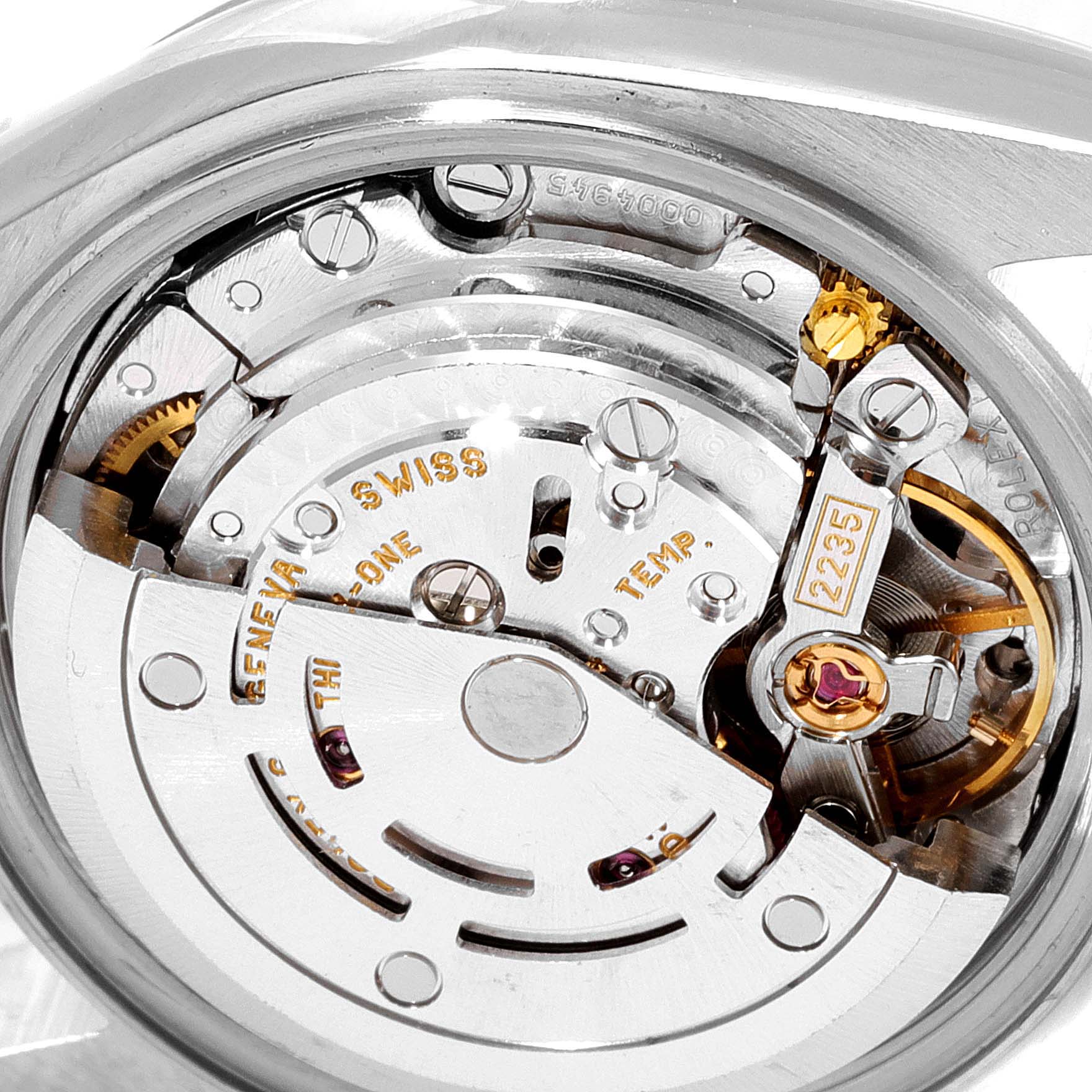 This is a close-up view of the movement mechanism inside a Rolex Datejust 79174 Women
s Stainless Steel Silver Dial 79174 Women
s Stainless Steel Silver Dial watch.