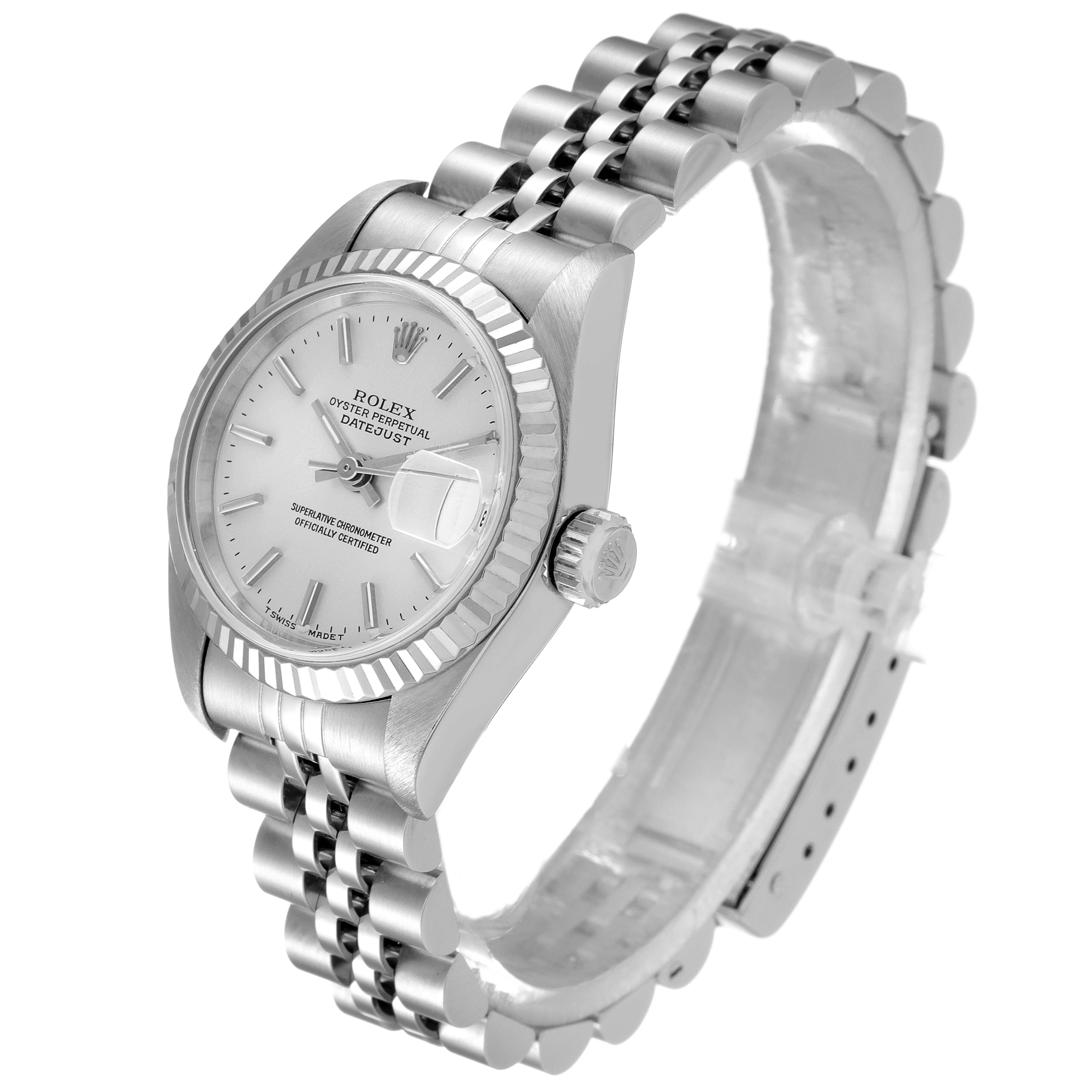The image shows a Rolex Datejust 79174 Women
s Stainless Steel Silver Dial 79174 Women
s Stainless Steel Silver Dial watch angled to display the face, bezel, crown, and bracelet.