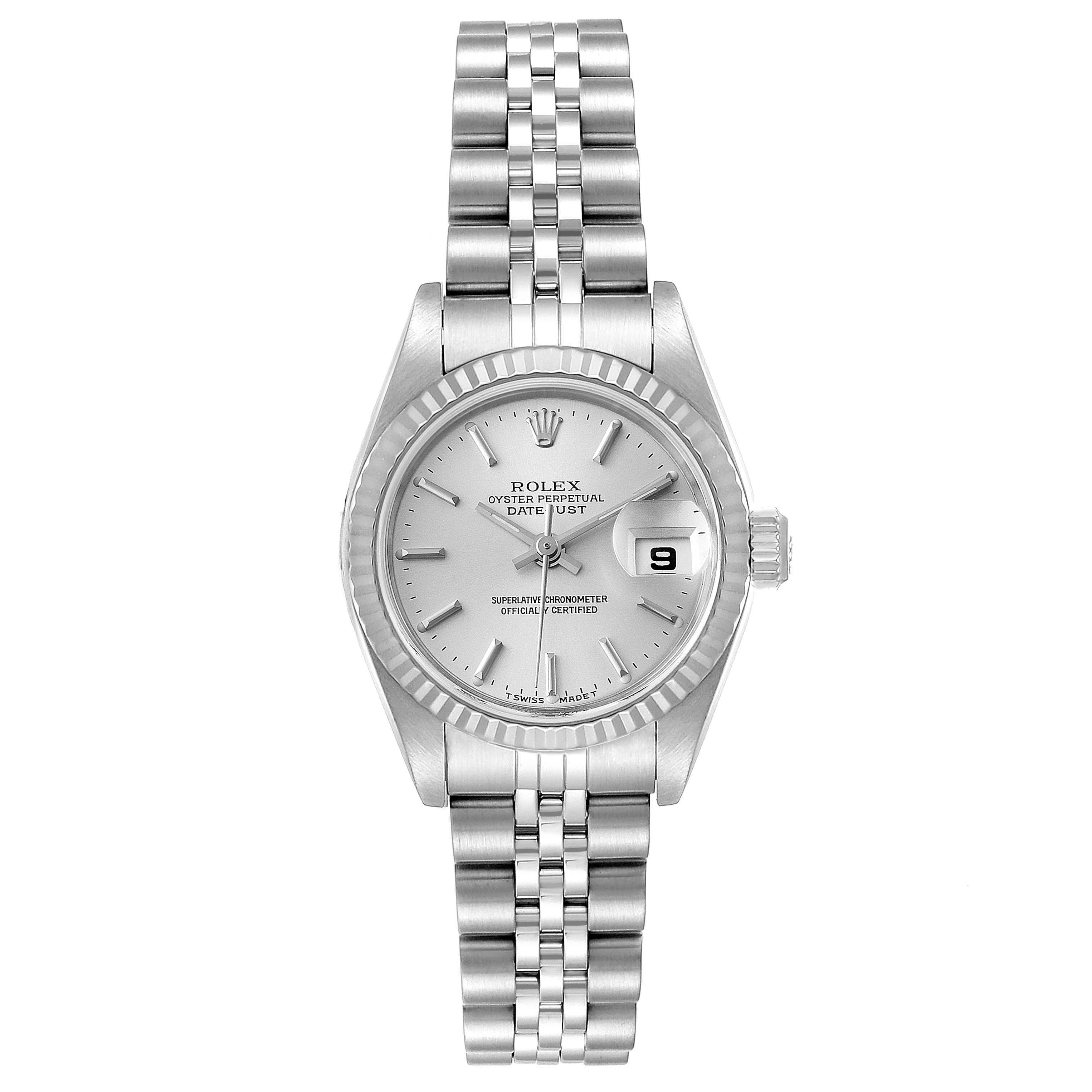 The image shows a Rolex Datejust 79174 Women
s Stainless Steel Silver Dial 79174 Women
s Stainless Steel Silver Dial watch with a full frontal view displaying the dial, fluted bezel, date window, and Jubilee bracelet.