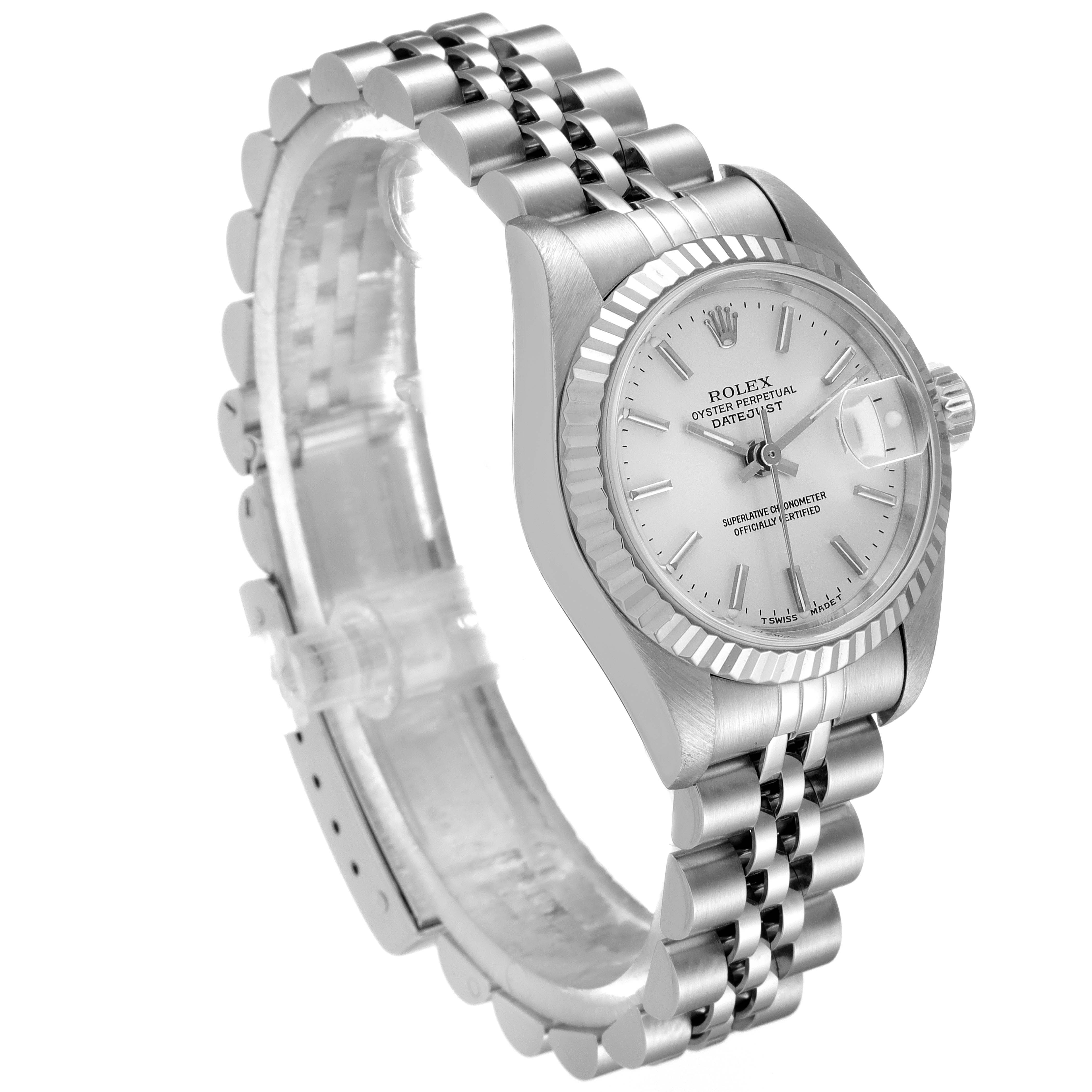 The image shows a Rolex Datejust 79174 Women
s Stainless Steel Silver Dial 79174 Women
s Stainless Steel Silver Dial watch at an angled view, highlighting the dial, case, and Jubilee bracelet.