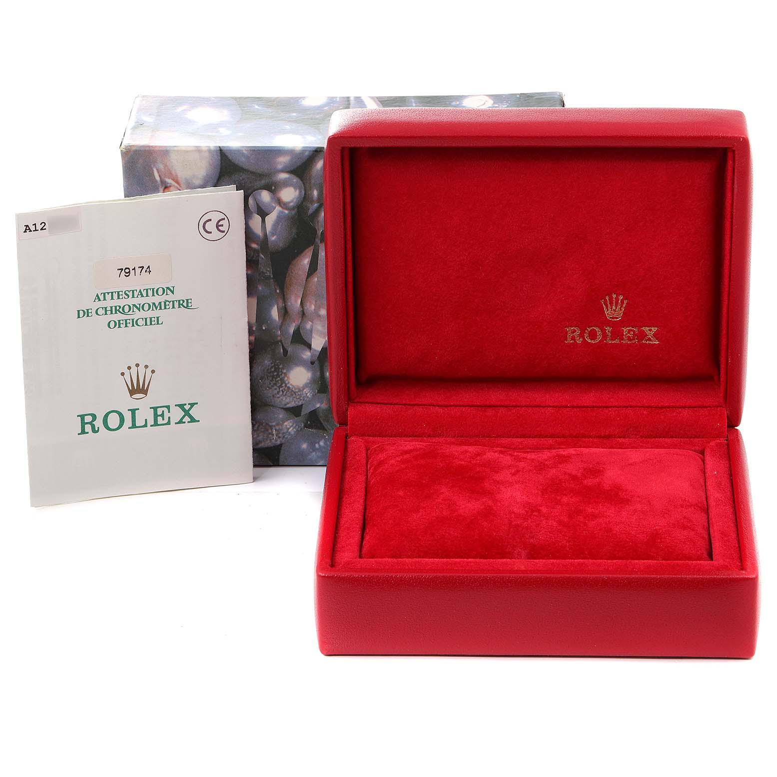 The image shows a red Rolex Datejust 79174 Women
s Stainless Steel Silver Dial 79174 Women
s Stainless Steel Silver Dial watch box, a certificate booklet, and an abstract design outer box.