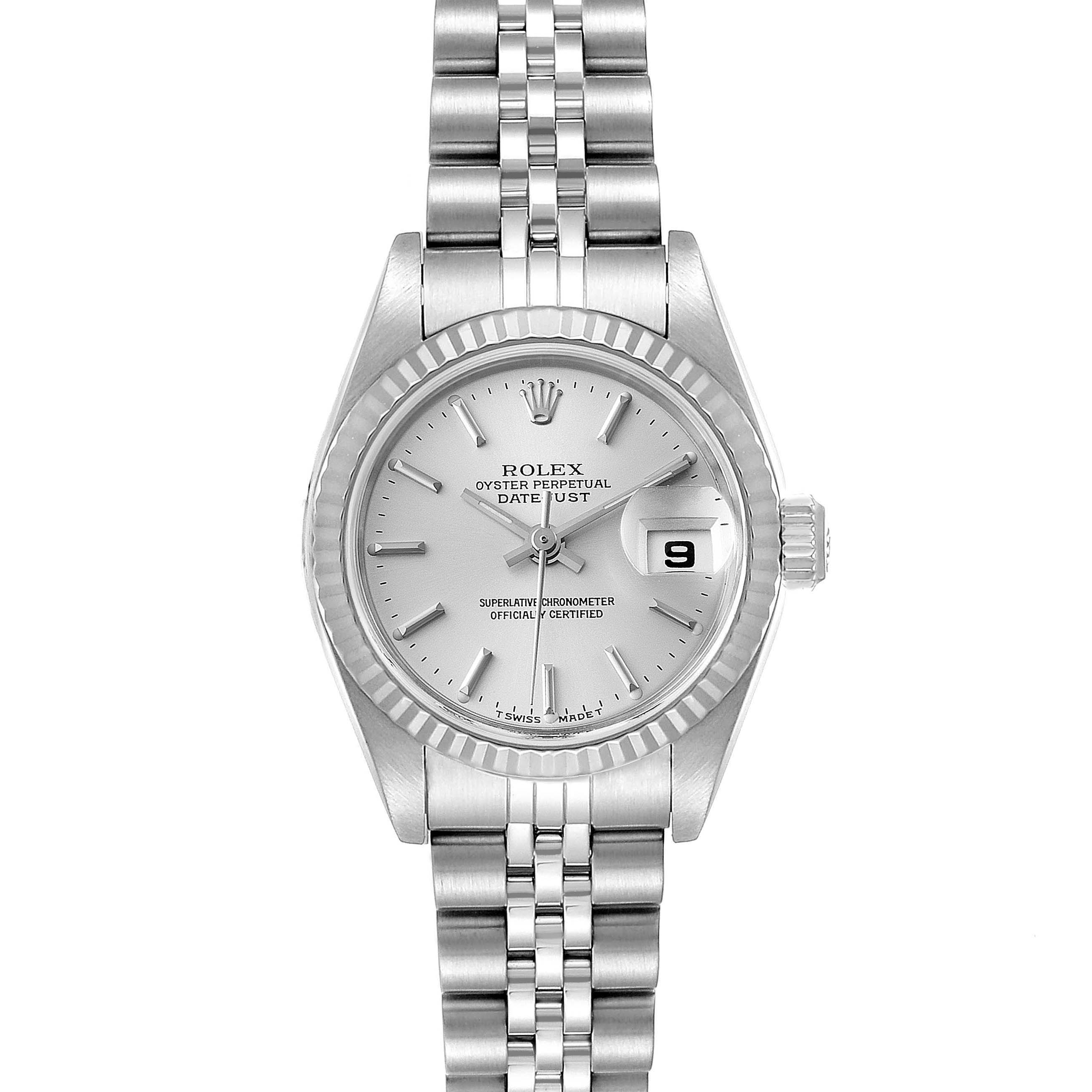 This image shows a front view of the Rolex Datejust 79174 Women
s Stainless Steel Silver Dial 79174 Women
s Stainless Steel Silver Dial watch, displaying its dial, case, and part of the bracelet.