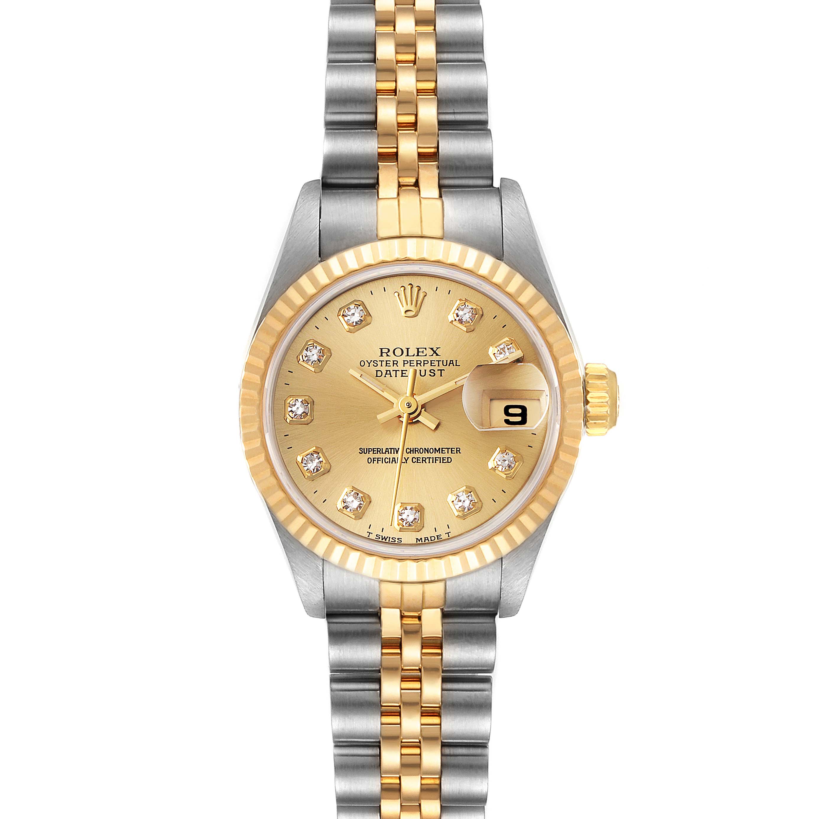 The image shows a front view of a Rolex Datejust 69173 Women
s Steel and Gold (two tone) Champagne Dial 69173 Women
s Steel and Gold (two tone) Champagne Dial watch with a gold dial, diamond markers, and a two-tone bracelet.