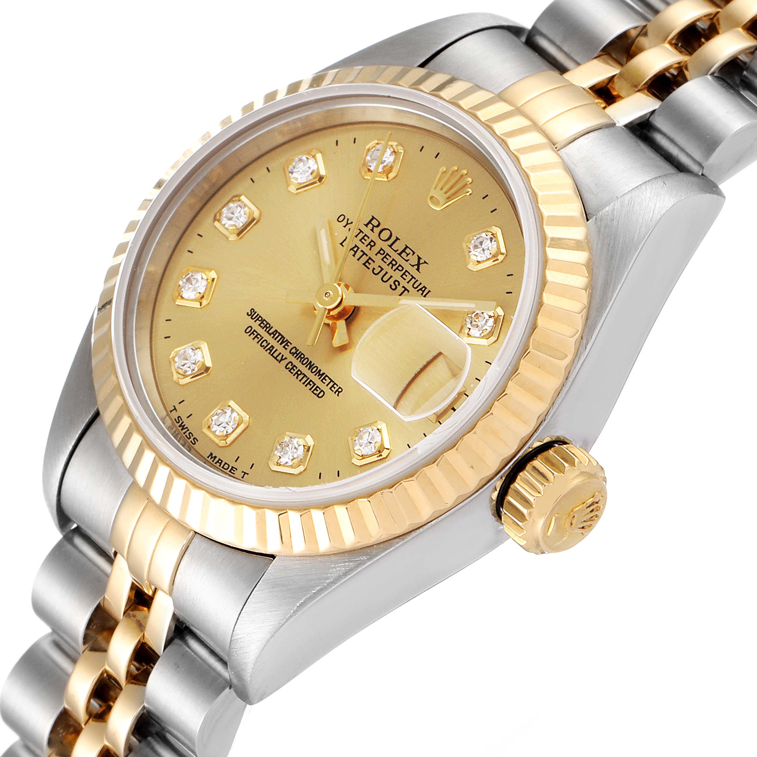 The image shows a Rolex Datejust 69173 Women
s Steel and Gold (two tone) Champagne Dial 69173 Women
s Steel and Gold (two tone) Champagne Dial watch at an angle, highlighting its gold dial, diamond hour markers, and two-tone bracelet.